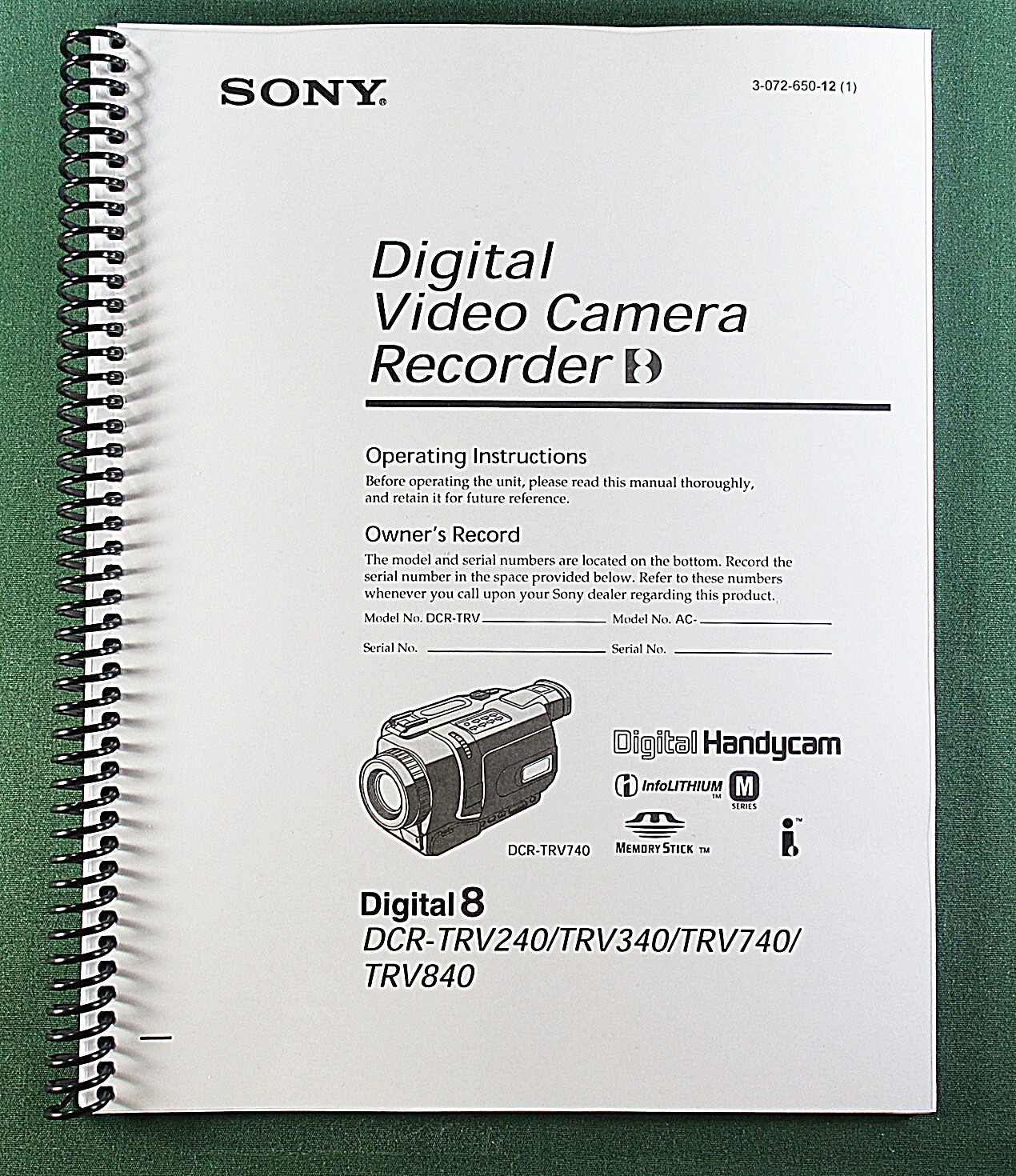 Sony DCR-TRV240/TRV340/TRV740/TRV840 Instruction Manual 212 Pages & Clear Covers
