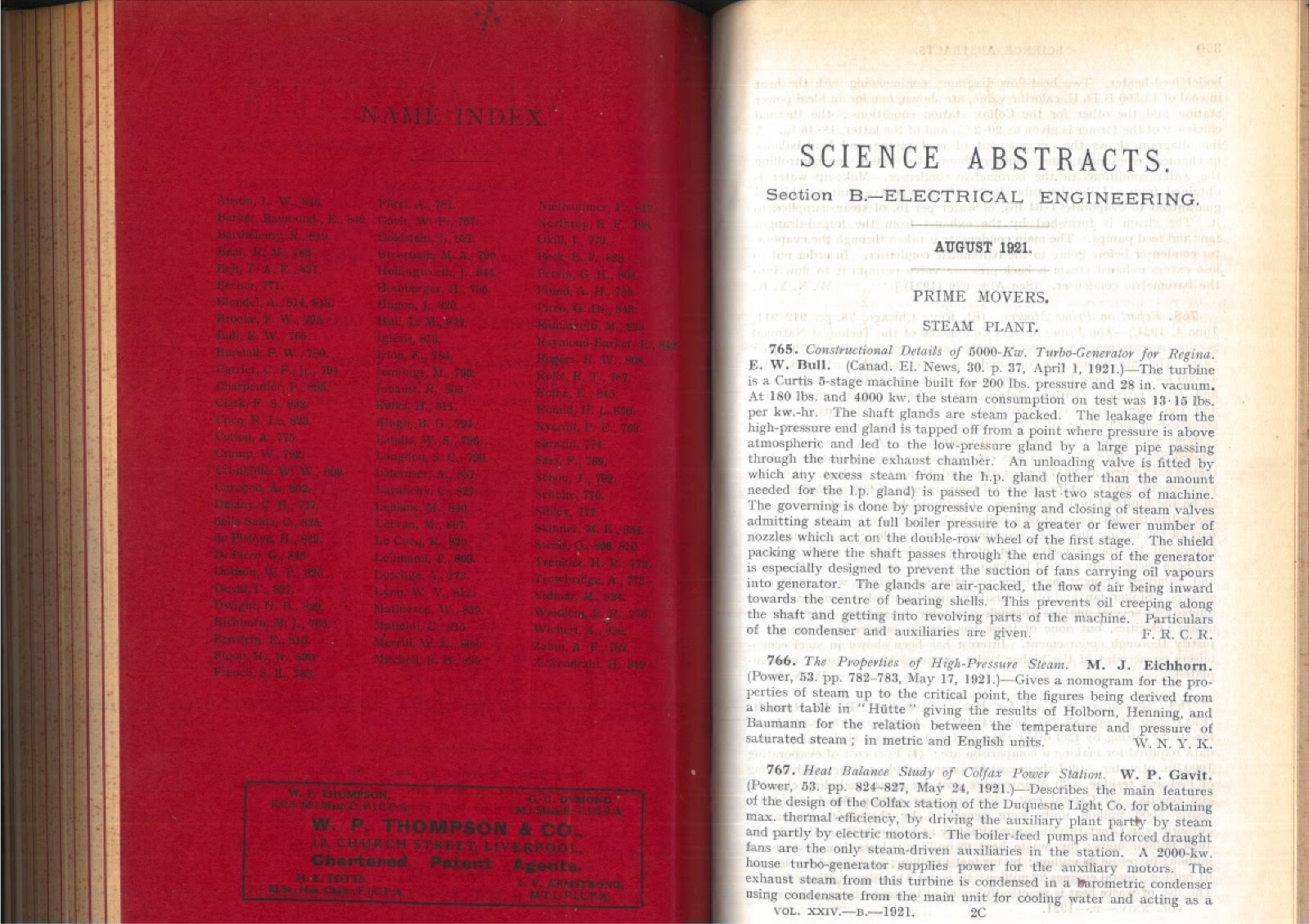 VINTAGE 1921 SCIENCE ABSTRACTS 1921 B ELECTRICAL ENGINEERING 654 PAGES