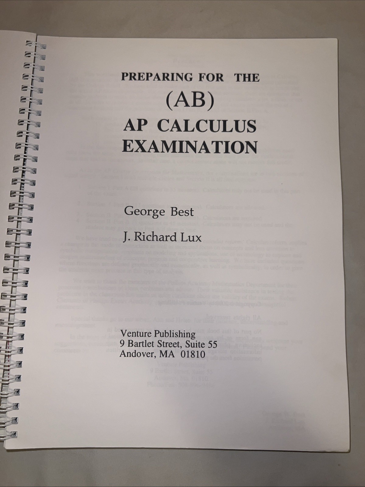 Y2K Preparing For The AP Calculus (AB) Examination Textbook – Vintage – LIKE NEW