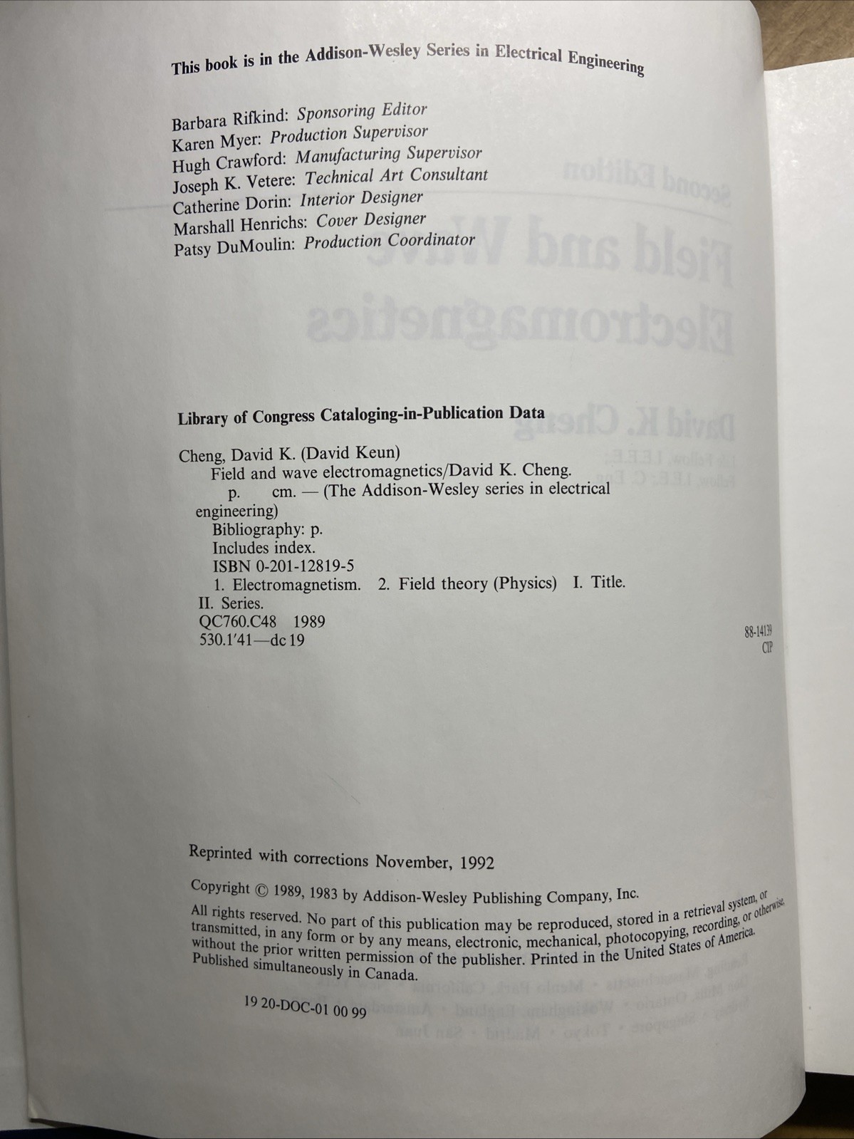 Field and Wave Electromagnetics by David Cheng 2nd Edition 1992, HC