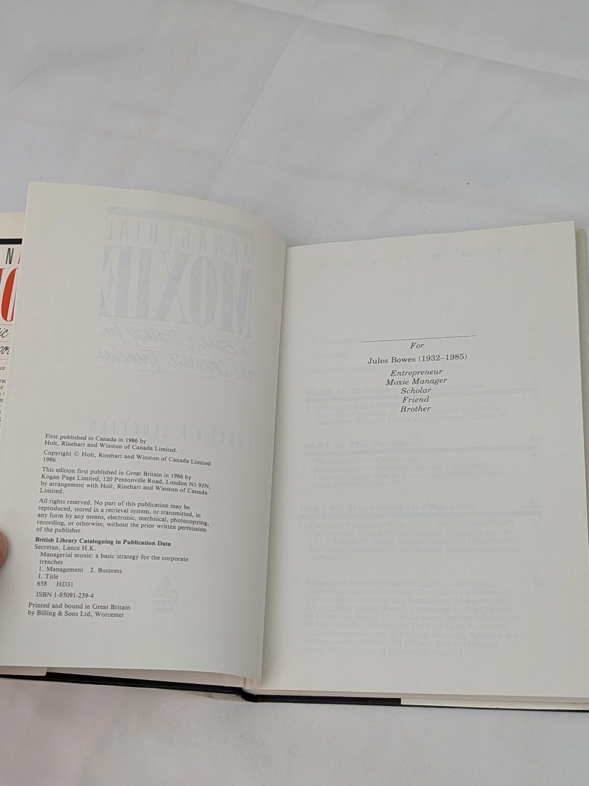 Managerial Moxie By Lance H. K. Secretan 1986 Hardcover Book Kogan Page Hardback