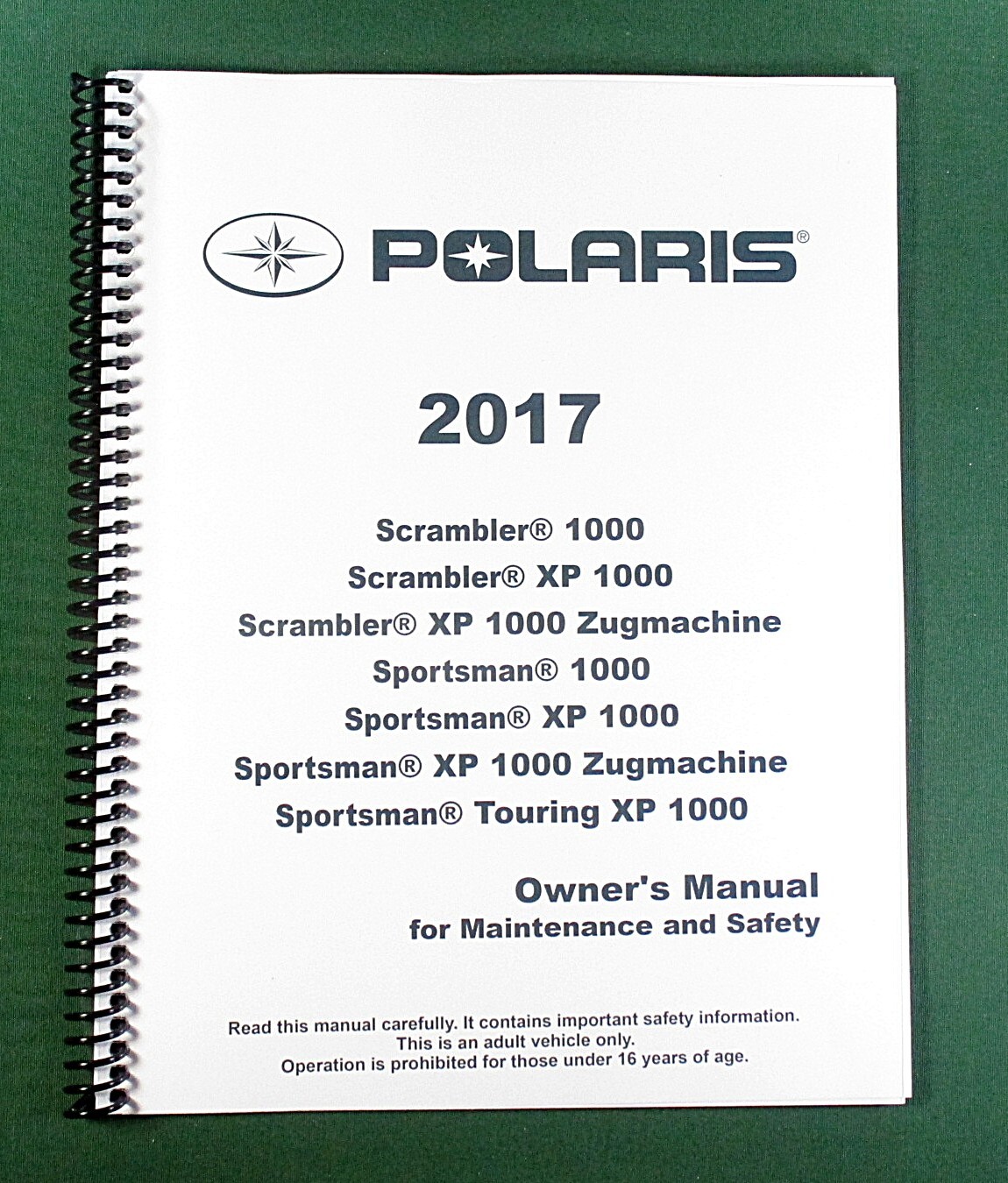 2017 Polaris Sportsman XP 1000 Owner’s Manual: 167 Pages & Protective Covers!