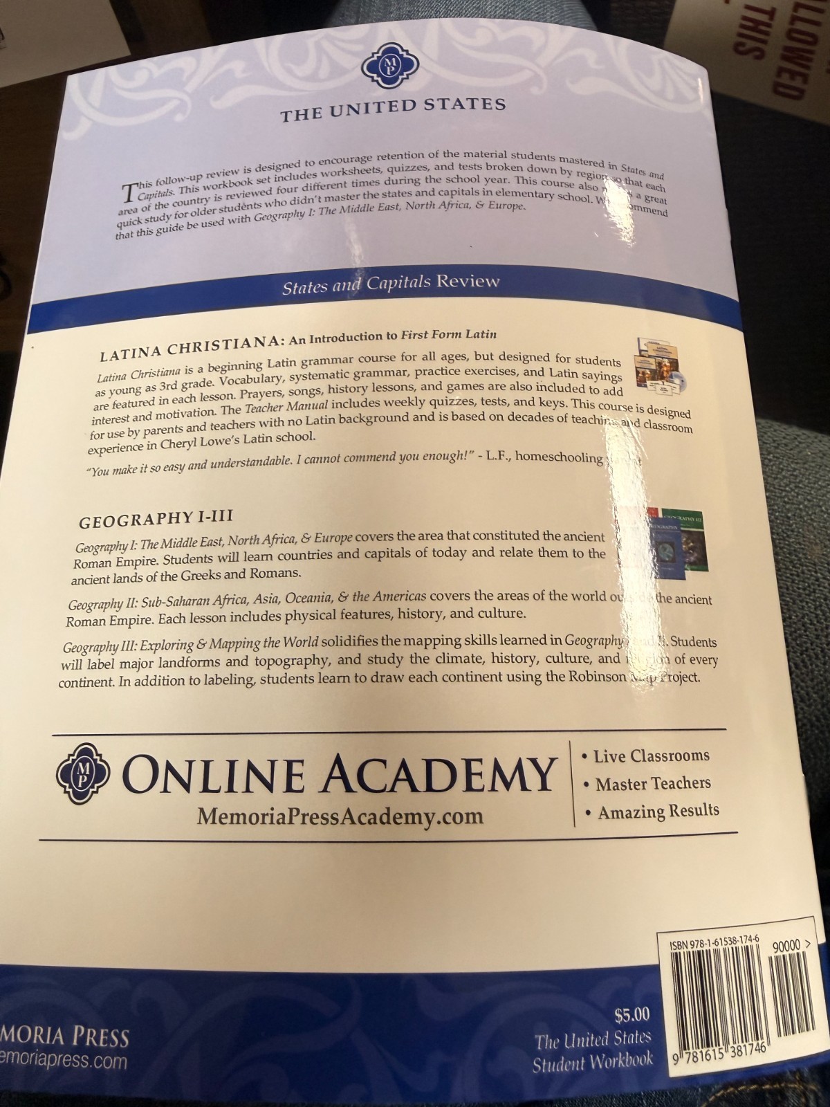 US States and capitals review student workbook