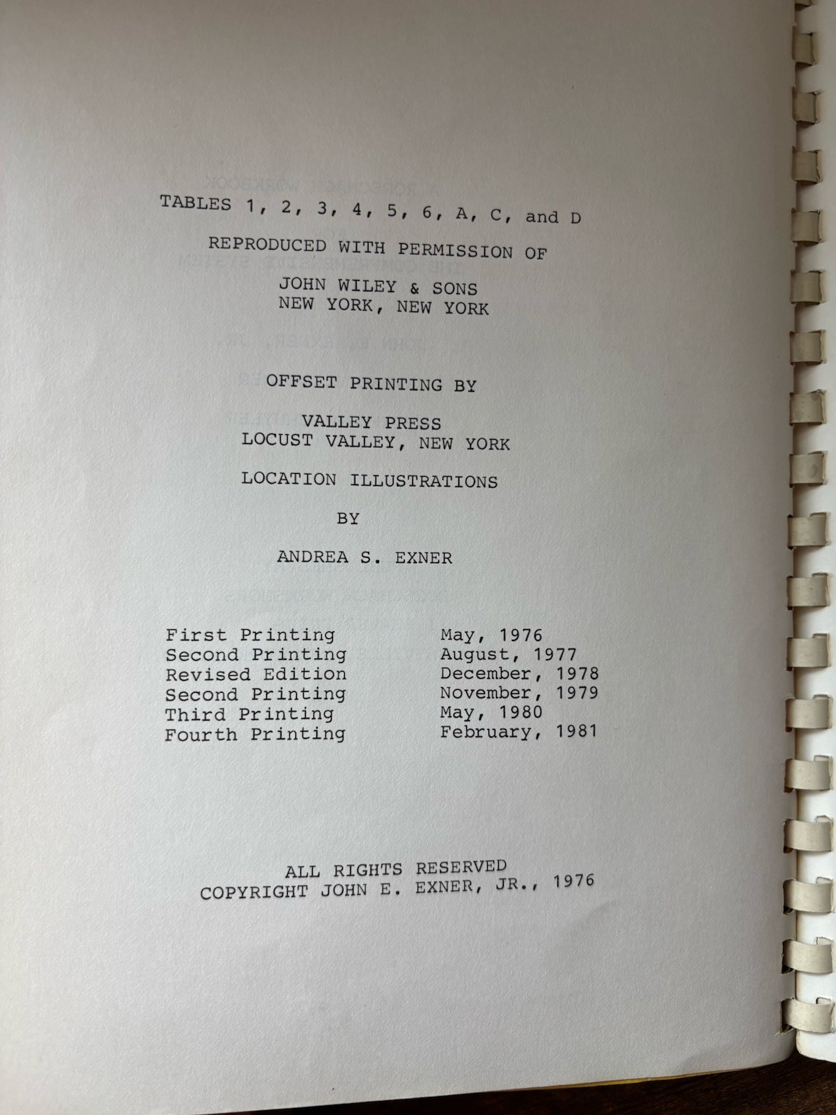 Rorschach Workbook Exner Comprehensive System 1976 Psychology Manual