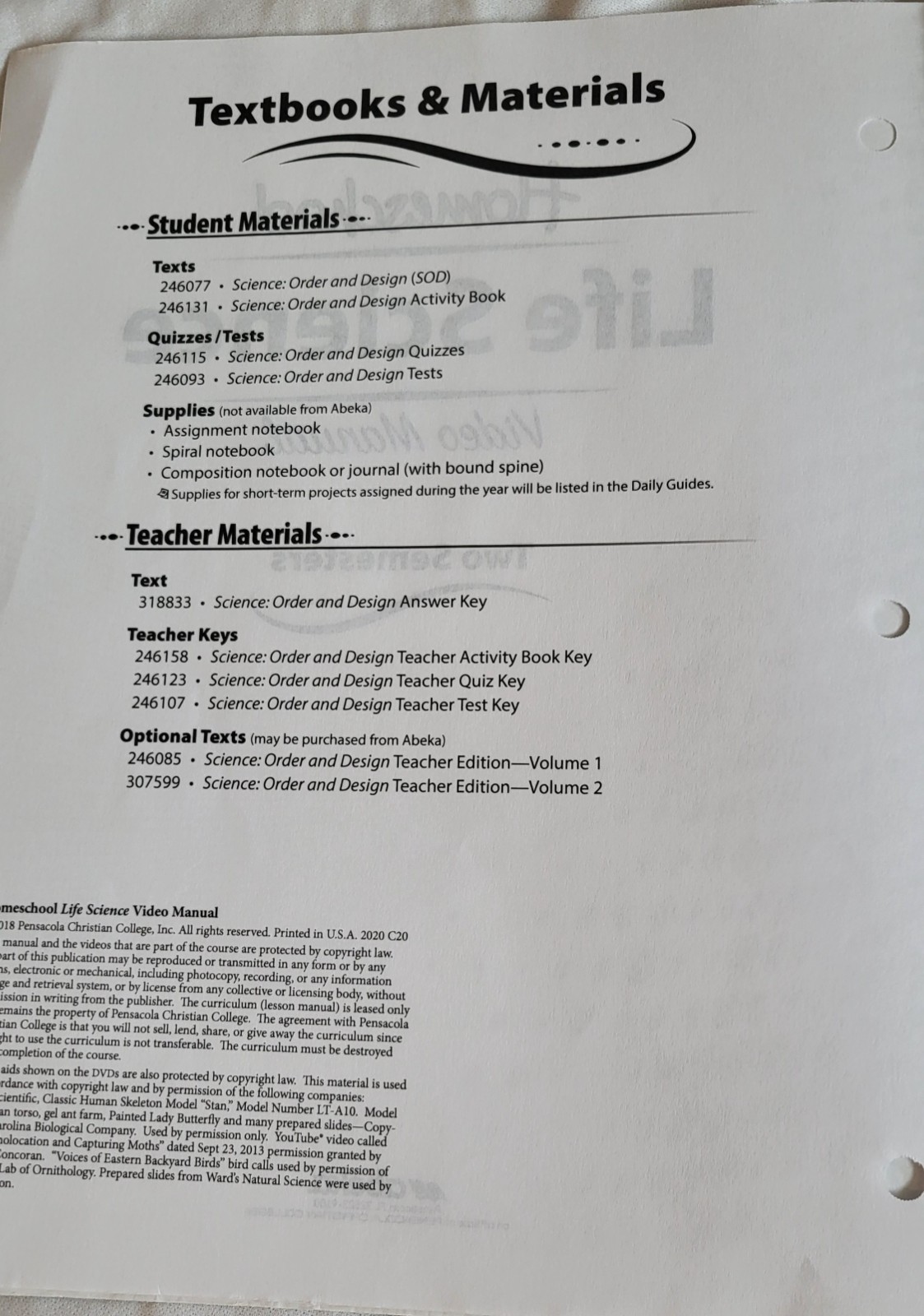 Abeka Grade 7 Science Order & Design, 2nd Edition (Current), Complete Set,