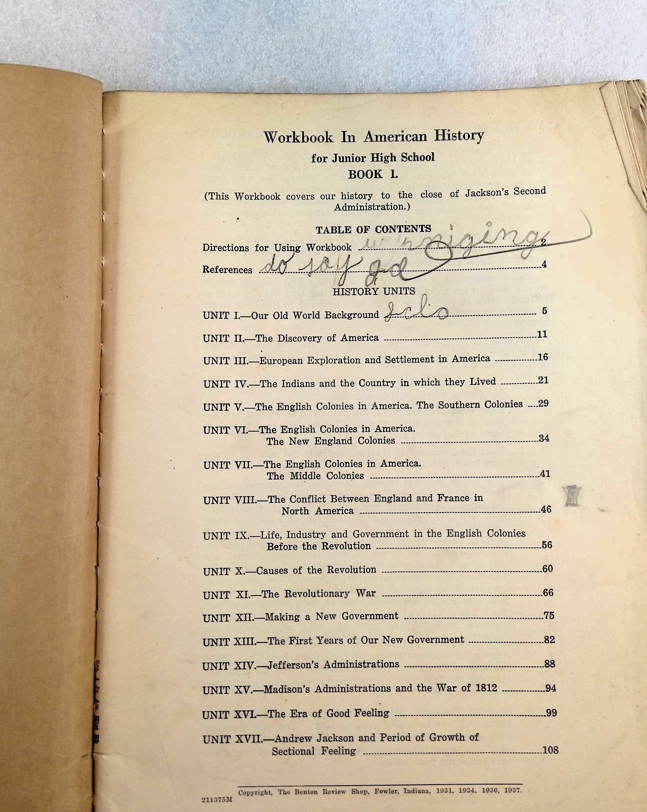 Vintage A Workbook in American History Junior High School Book One 20th Century