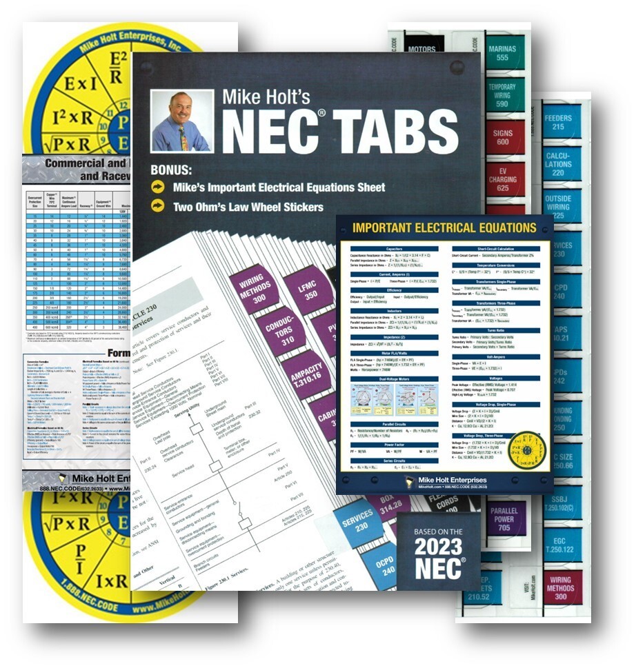 2023 NEC Index Tabs (Color) Ohm’s Law Stickers, Elect Equations & Wire Char 2023