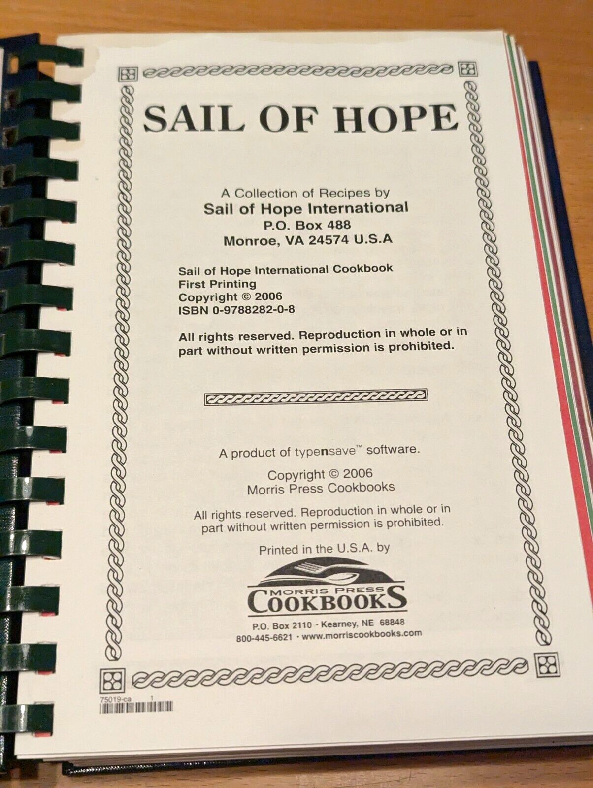 International Cookbook “Sail of Hope” First Printing, 2006, 234 pages