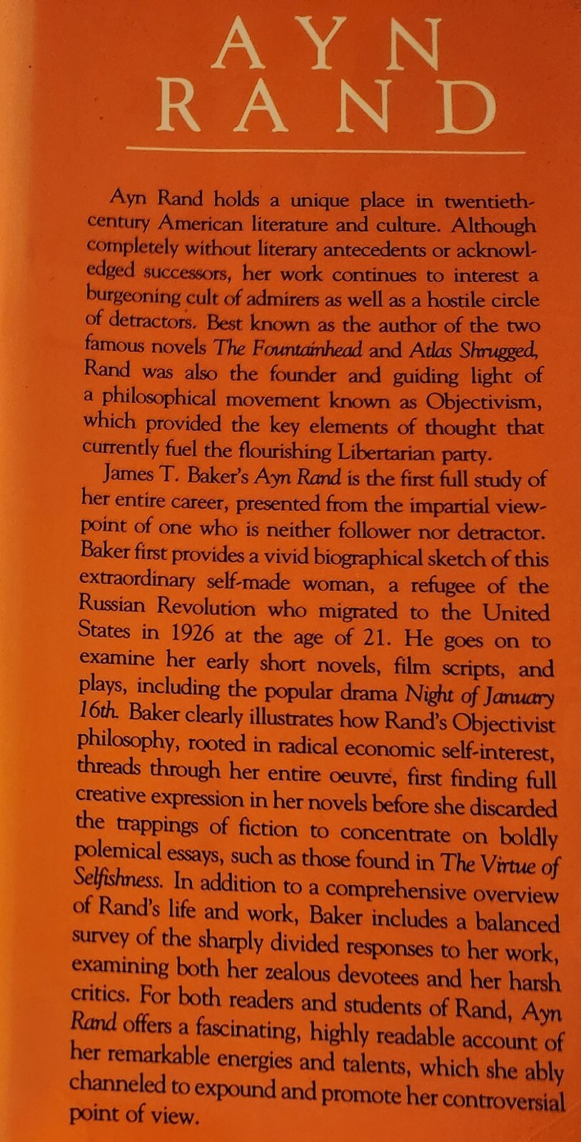 Baker, James T.: Ayn Rand (Twayne’s United States Authors Series) 1st Edition HC