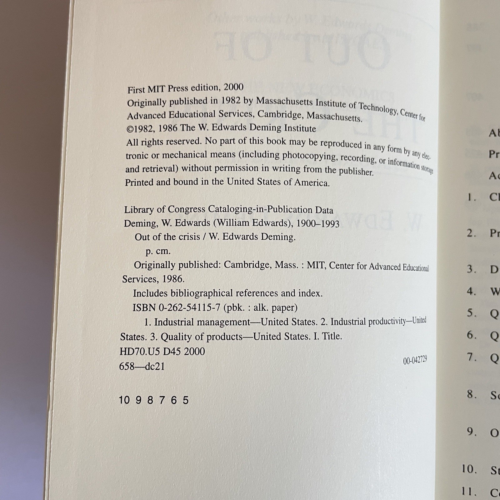 W. Edwards Deming – Out of the Crisis – 2000 Softcover Excellent Condition – MIT
