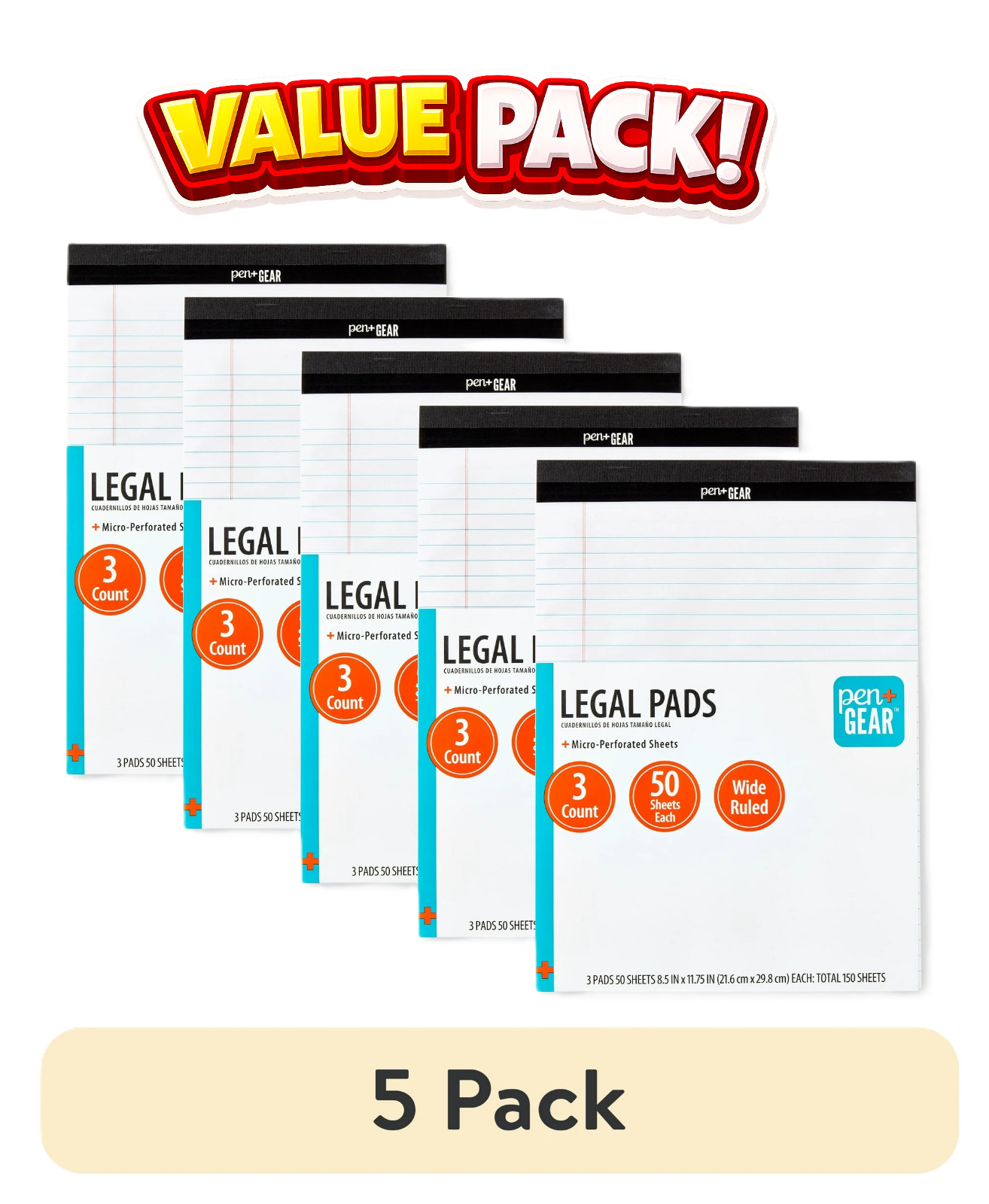 (5 pack) Pen+Gear Wide Ruled Perforated Legal Pad, 8.5″ x 11.75″, 3x 50 Sheets
