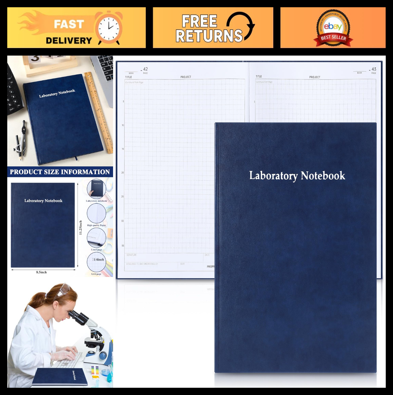 Sturdy Hardbound Lab Notebook – 96 Pages, Grid Format, 8.5″x11.25″, Blue Cover f