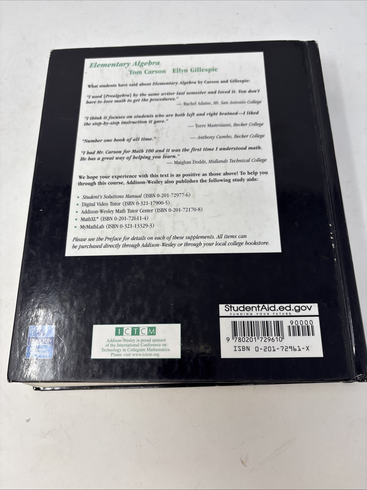 Elementary Algebra Tom Carson Ellyn Gillespie Pearson Hardcover 2003