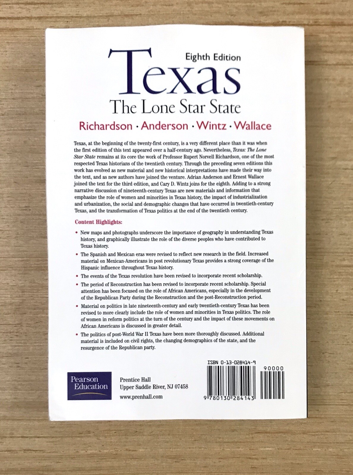 Texas The Lone Star State 8th Edition Richard Anderson Wintz Wallace 2001