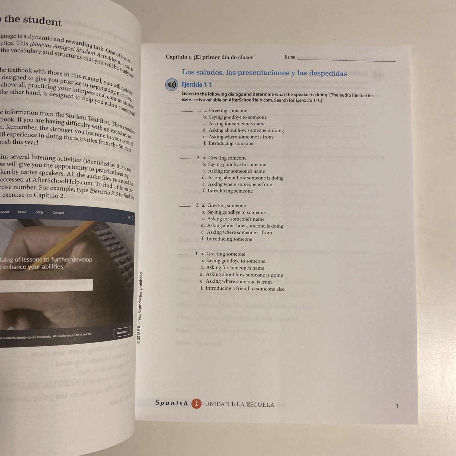 BJU Press – Spanish 1 Activities Manual (3rd edition) 500736, No Writing.