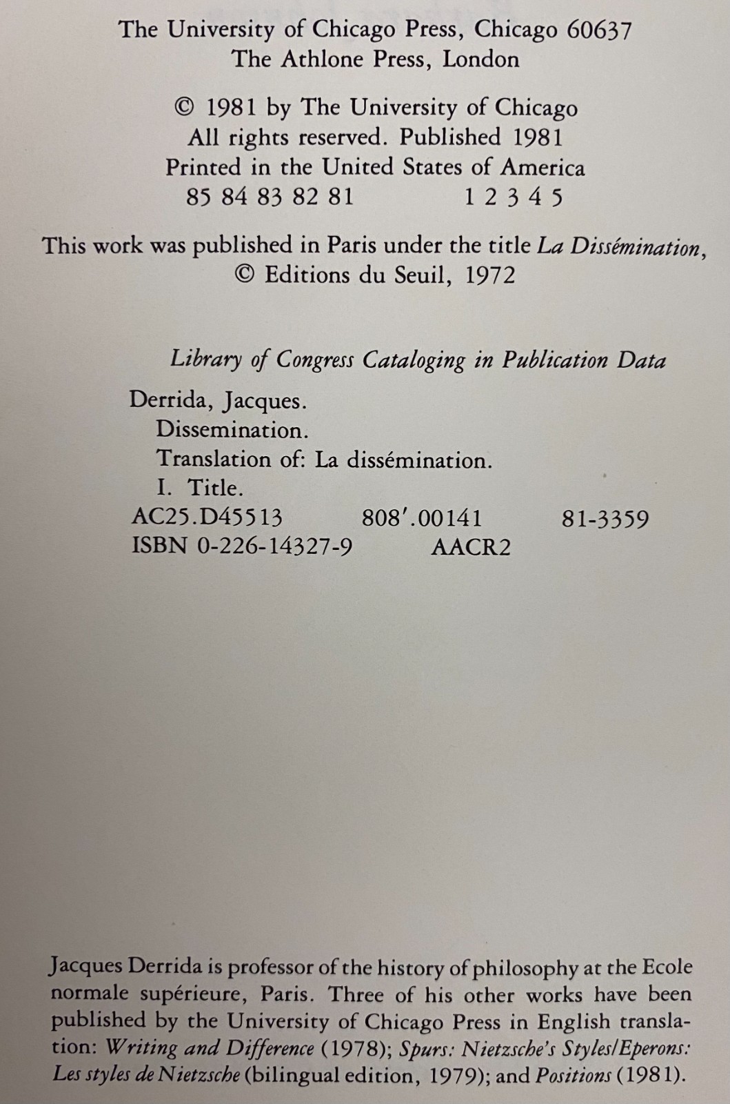Jacques Derrida DISSEMINATION 1981 1st American edition Hardcover w/jacket Good