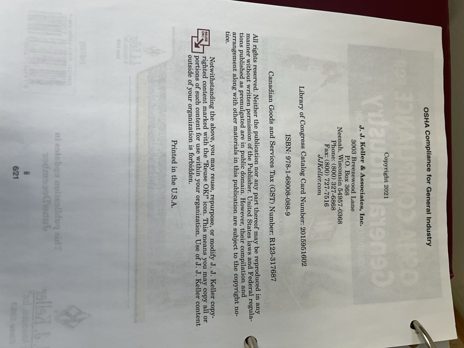 OSHA Compliance for GENERAL INDUSTRY manual in VG condition. by J.J. Keller.