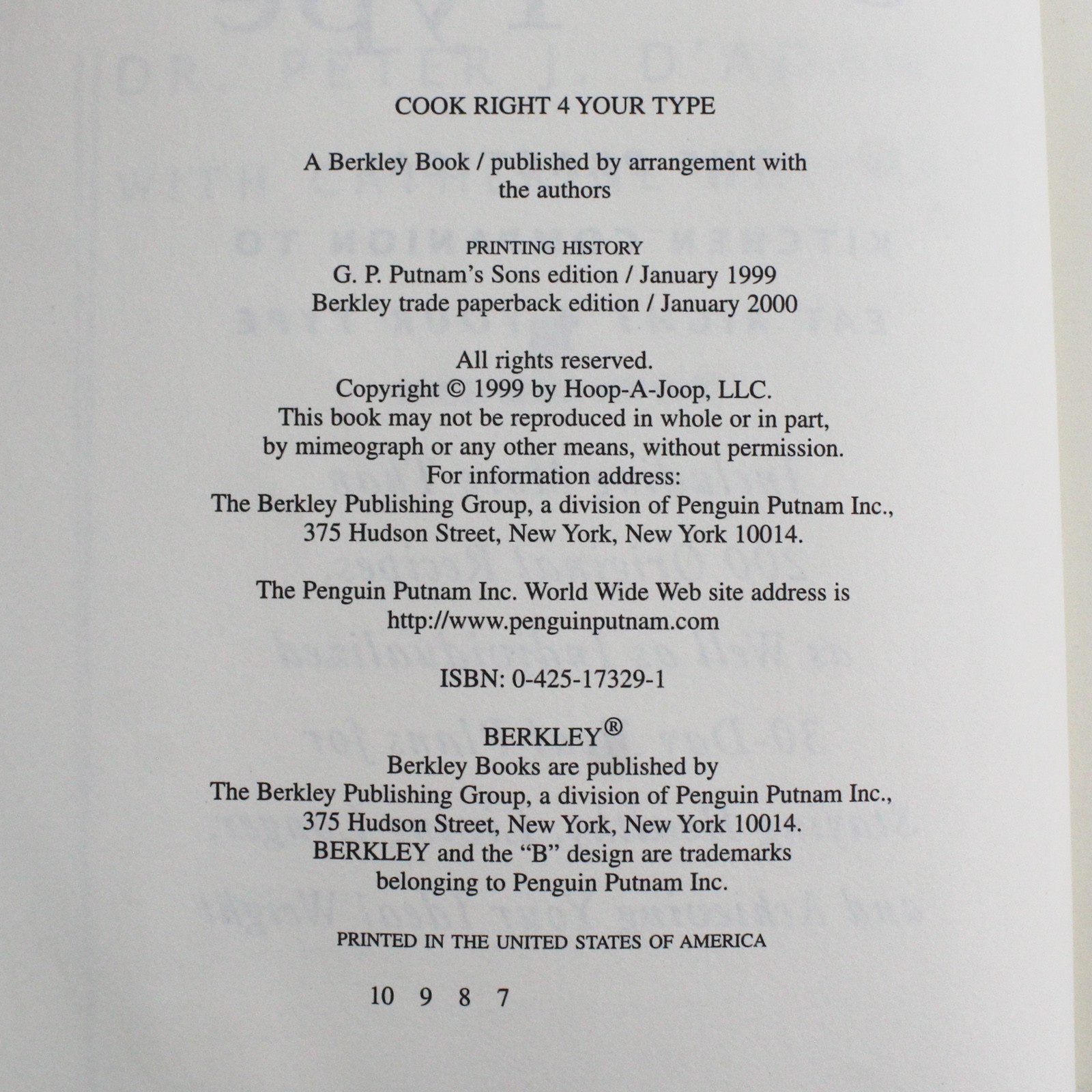 Cook Right 4 Your Type Peter J D’Adamo Catherine Whitney 2000 Paperback