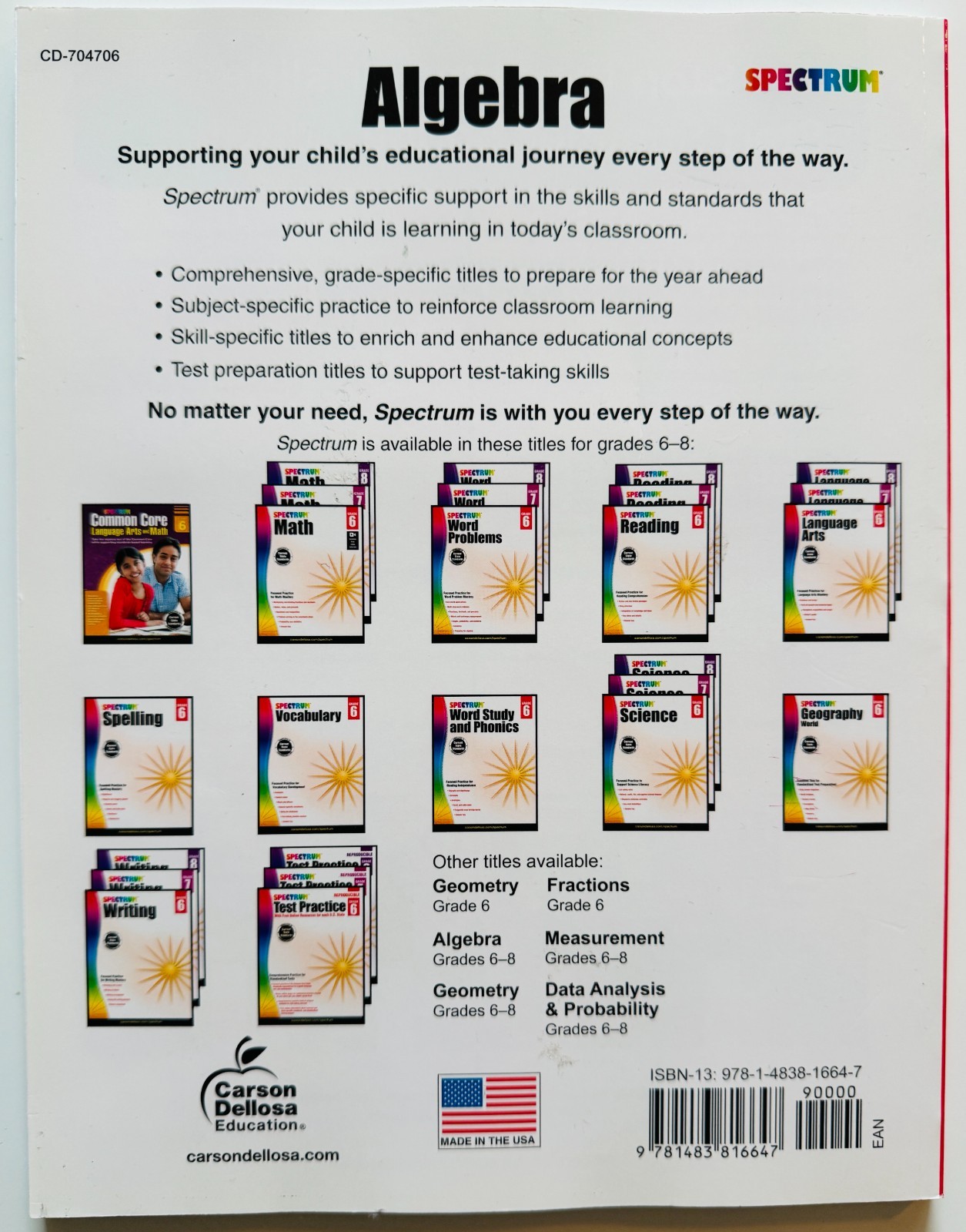 3 SPECTRUM WORKBOOKS / Math Grade 6 / Algebra Grades 6-8 / Math Grade 7 / NEW!