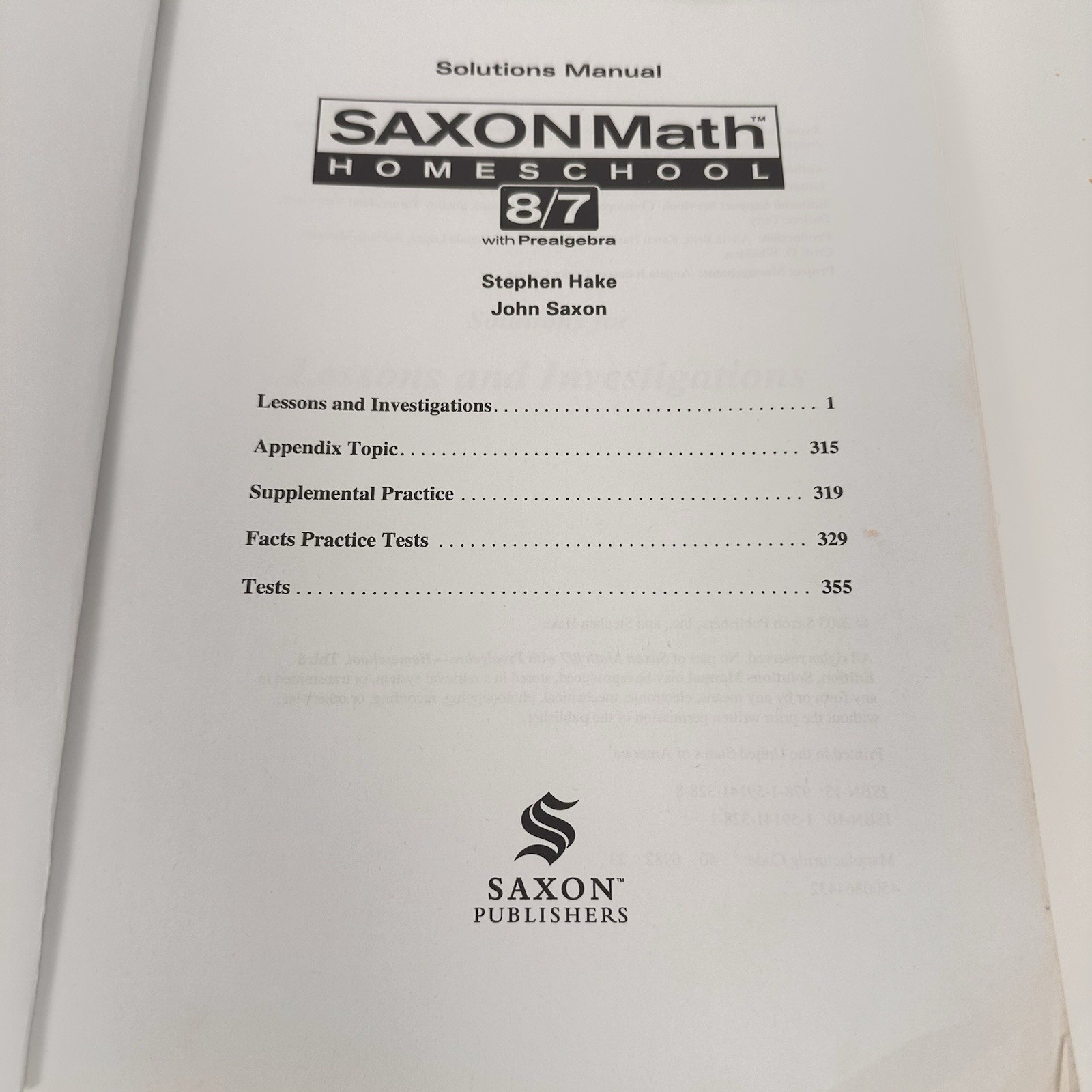 Saxon Math 8/7 Solutions Manual – ISBN 9781591413288 Homeschool Curriculum