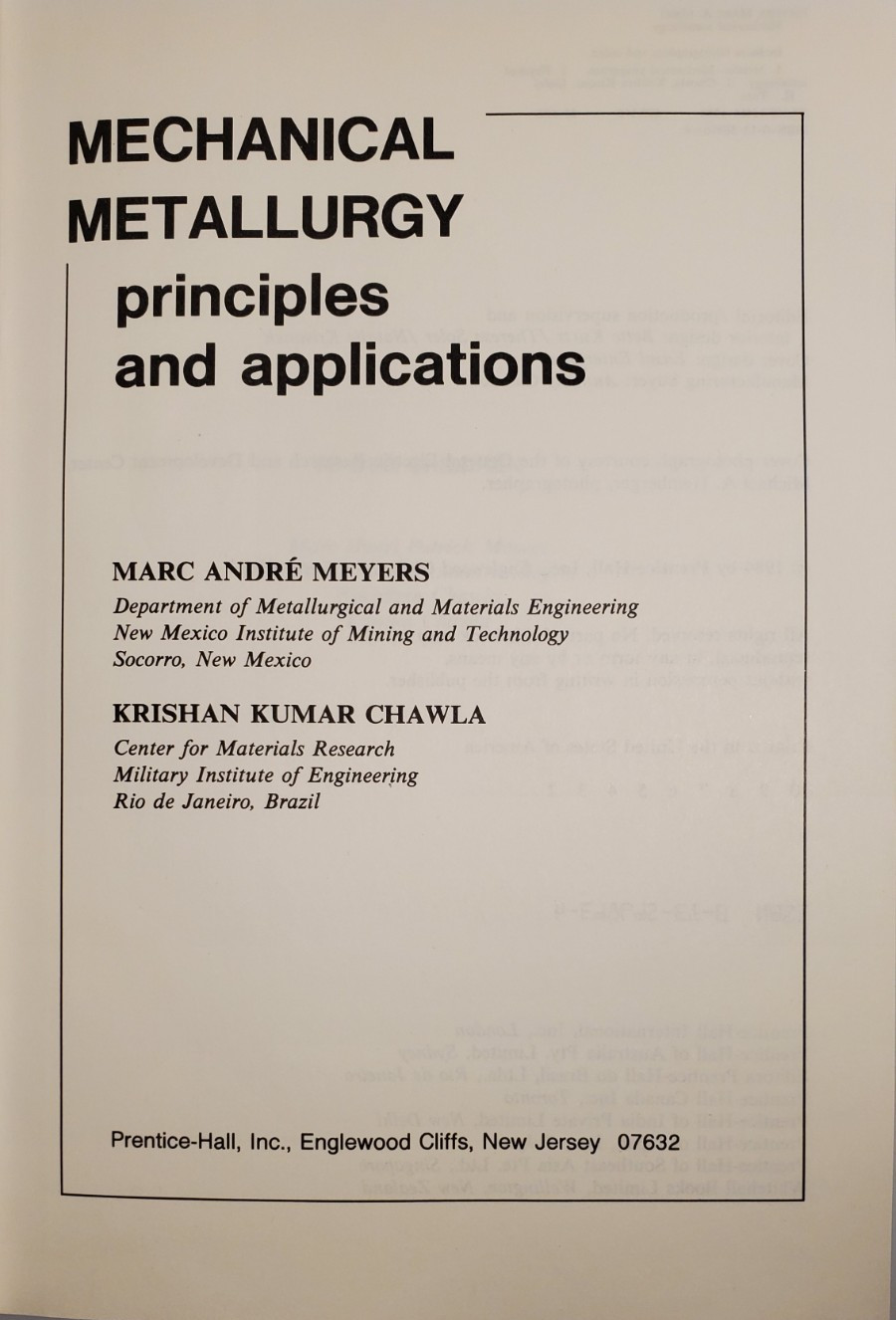 Mechanical Mettalurgy Principles and Applications Hardcover Book Meyers Chawla