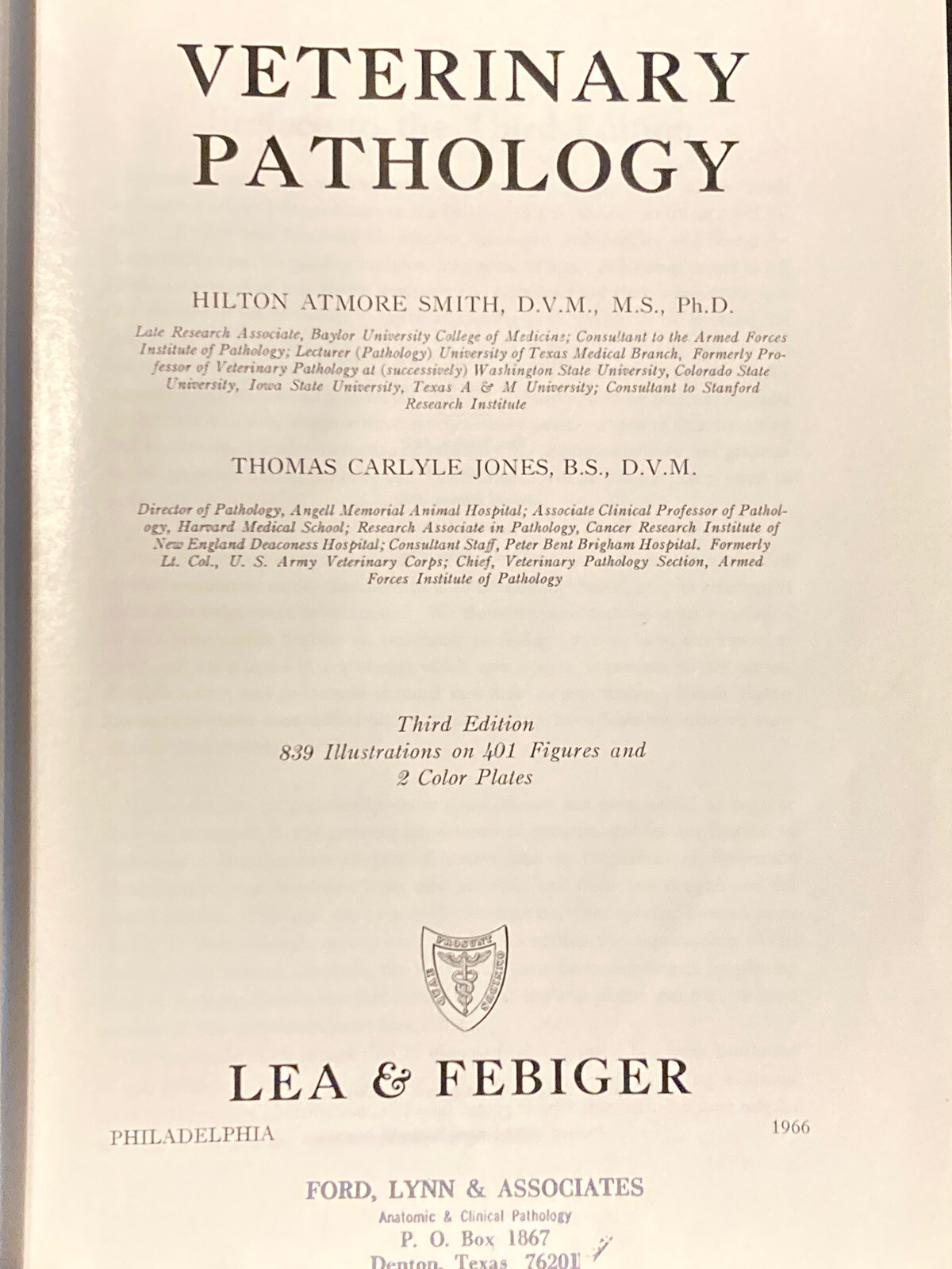 Veterinary Pathology Smith and Jones 3rd Edition 1966 Ex Libris