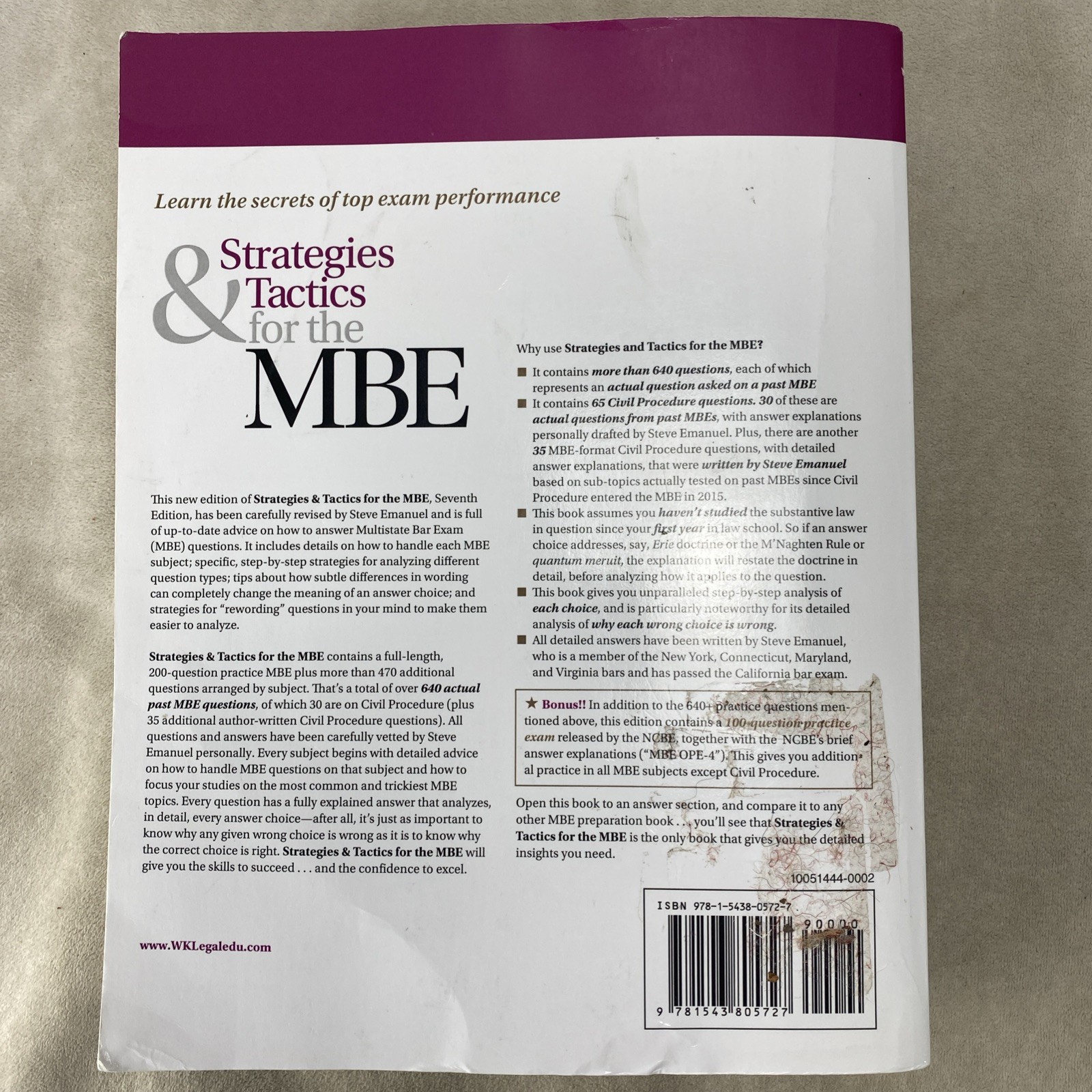 Strategies & Tactics for the MBE (Bar Review), USED-Very Good, Steven Emanuel