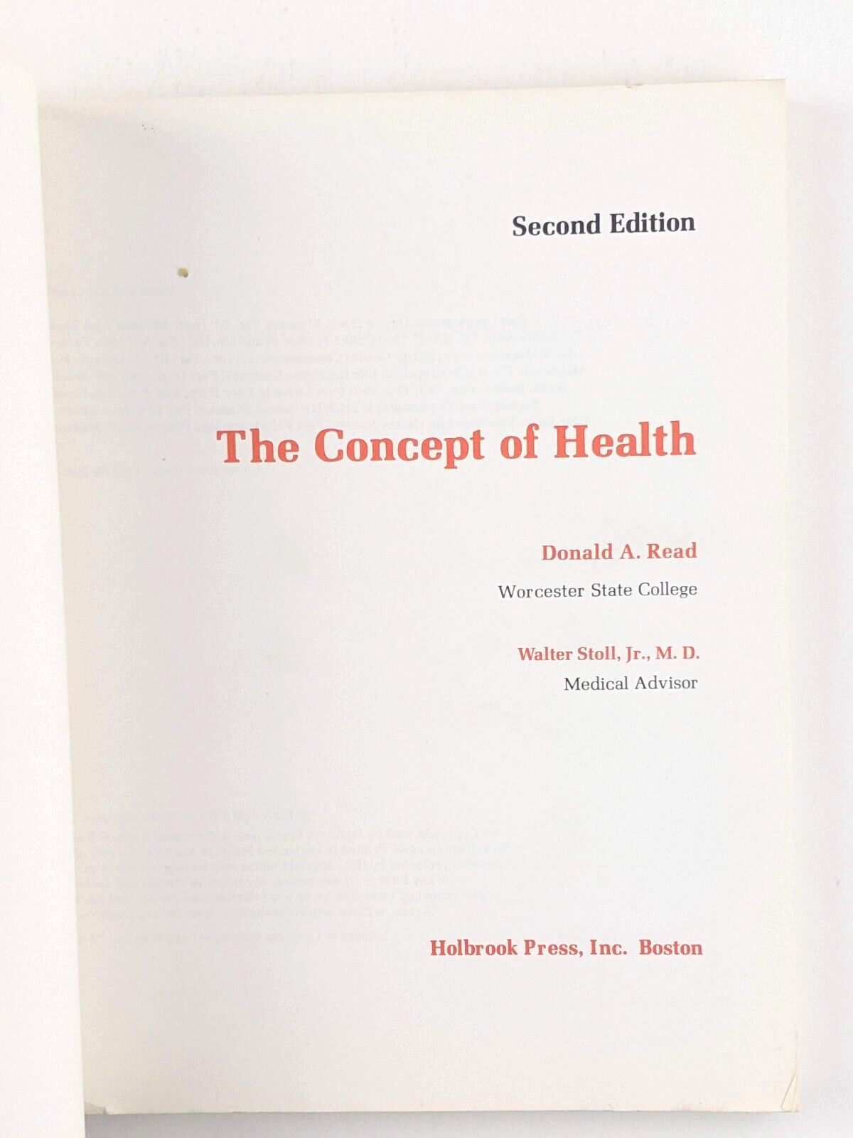 The Concept Of Health 2nd Edition (1973) Donald Read, Vintage Textbook