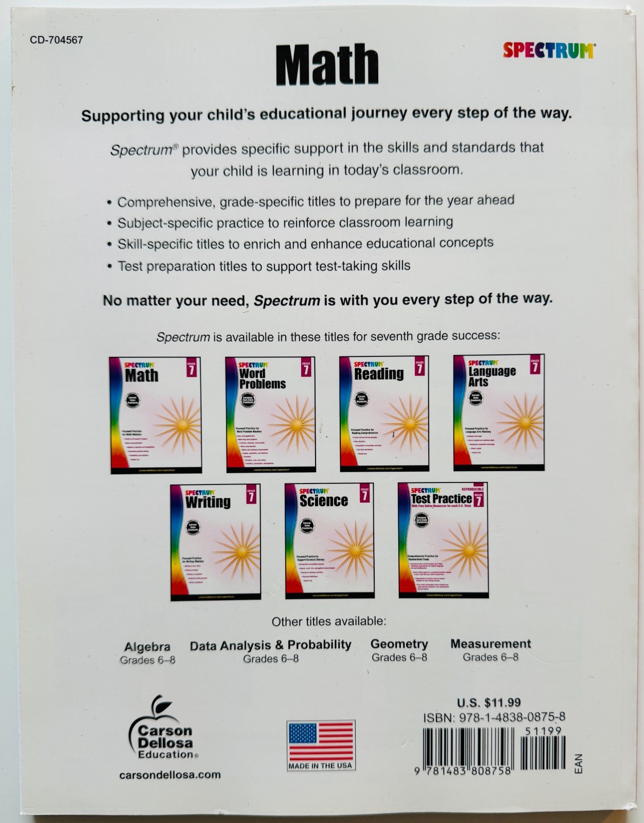 3 SPECTRUM WORKBOOKS / Math Grade 6 / Algebra Grades 6-8 / Math Grade 7 / NEW!