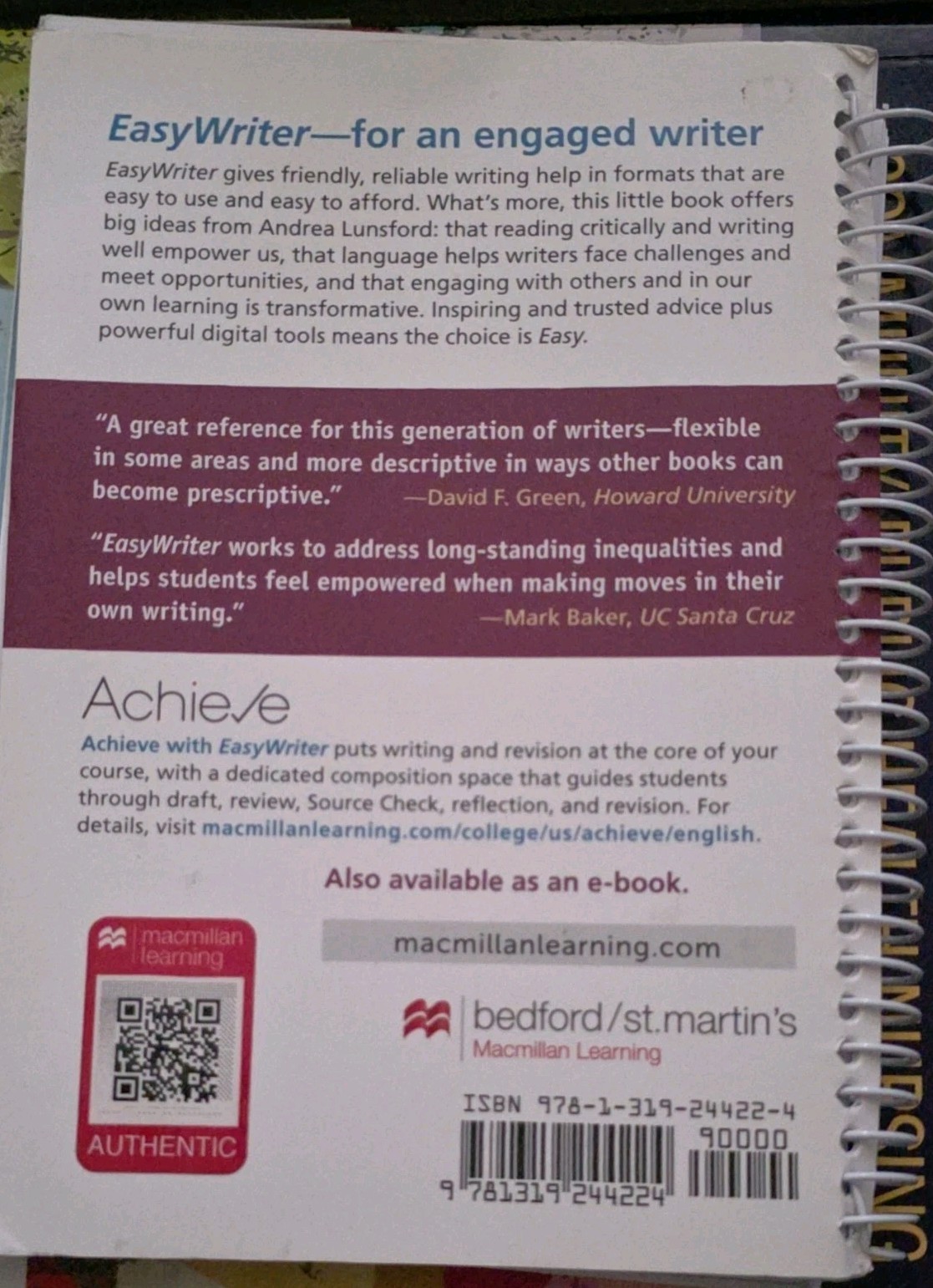 EasyWriter 8th Edition Spiral Textbook by Andrea A. Lunsford