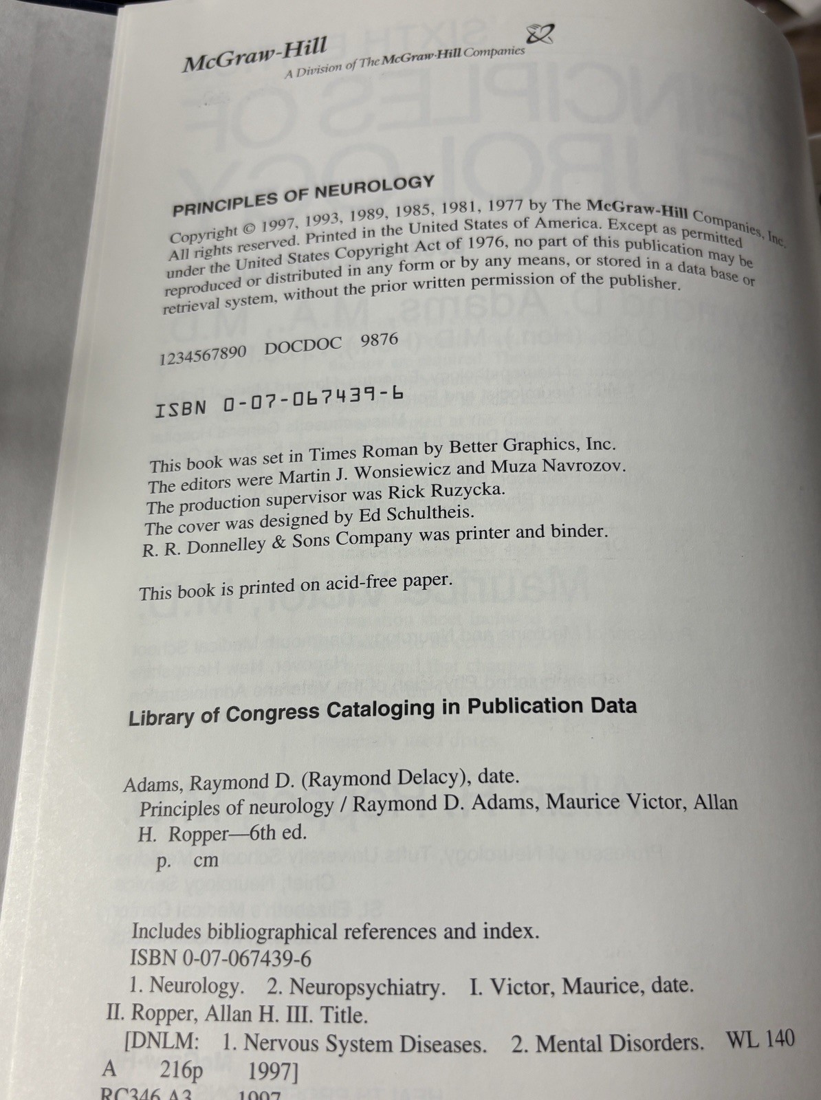 Principles of Neurology 6th Edition – Adams, Victor, Ropper – Hardcover 1997