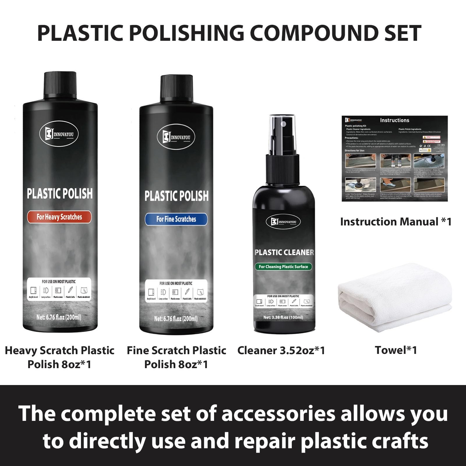 Plastic Polish Kit Scratch Remover Cleaner 14oz For Acrylic Headlights Scuffs