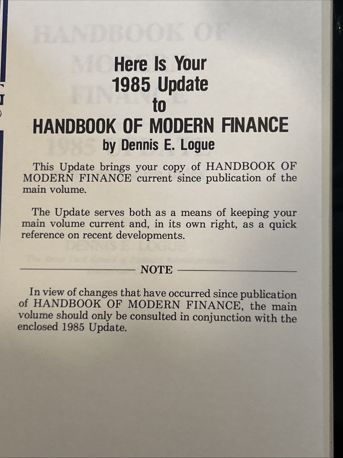 Handbook of Modern Finance 1984 Edition Dennis E. Logue Plus 1985 & 1986 Updates