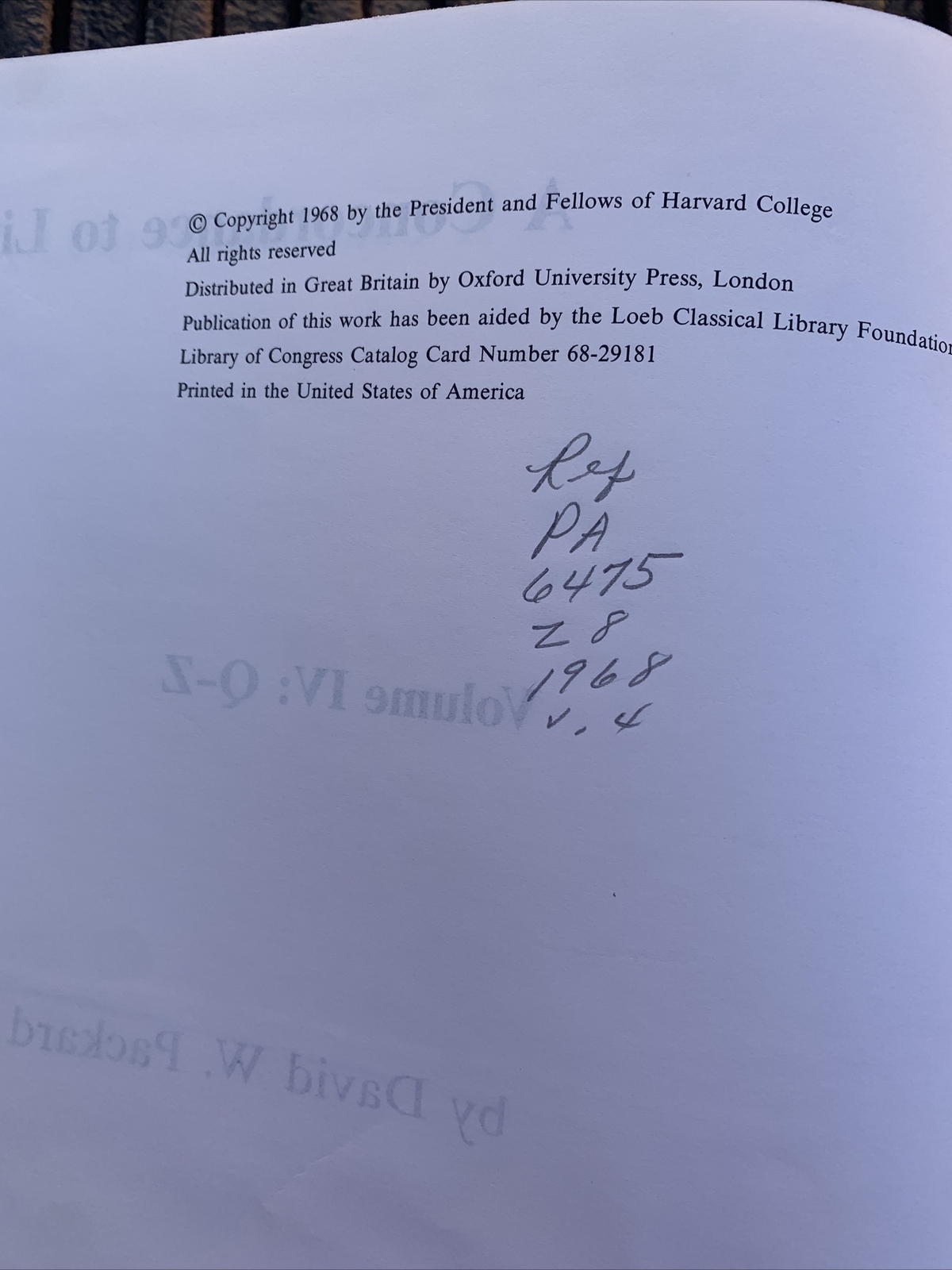 A Concordance to Livy. Volume IV Q-Z Davis W. Packard Harvard University Press