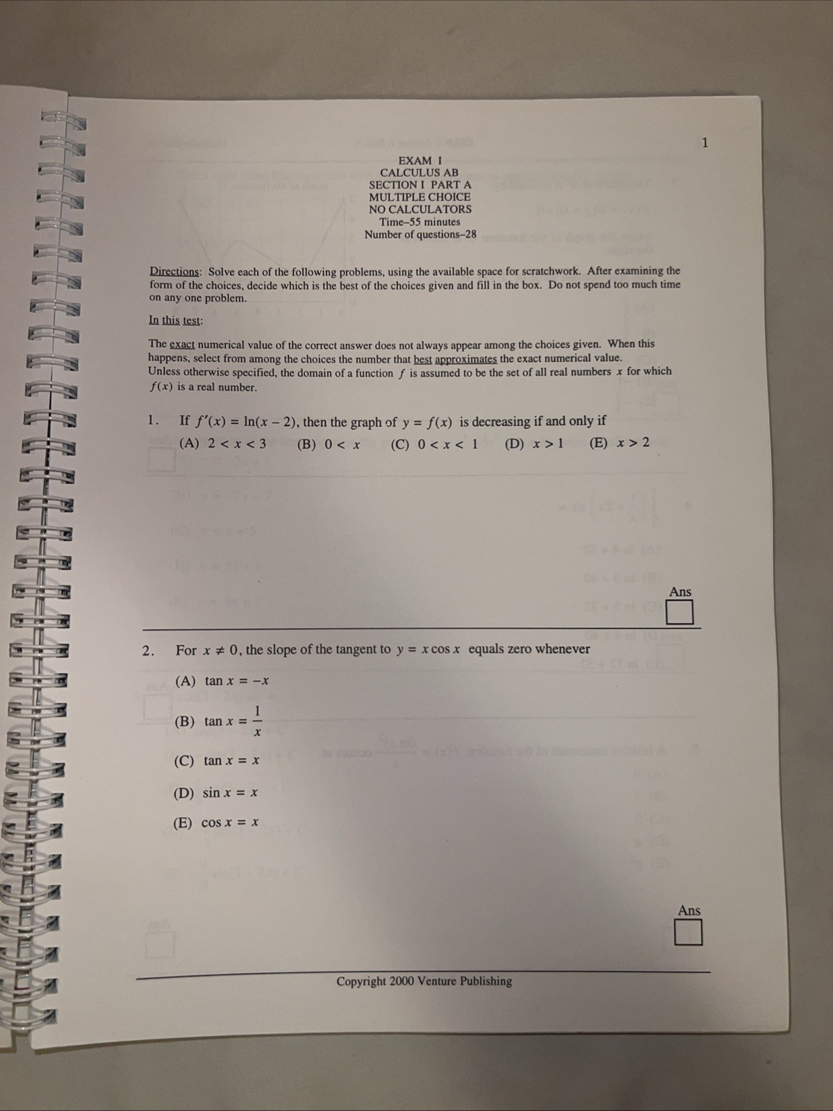 Y2K Preparing For The AP Calculus (AB) Examination Textbook – Vintage – LIKE NEW