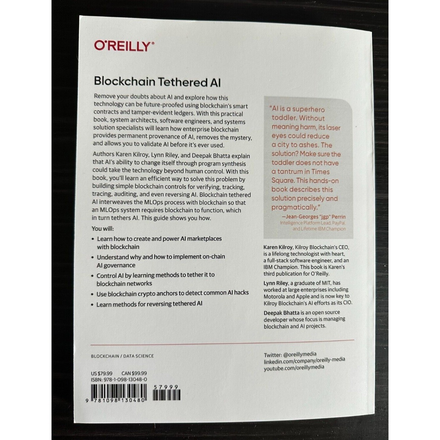 Blockchain Tethered AI O’Reilly Kilroy Riley Bhatta Machine Learning PB VG