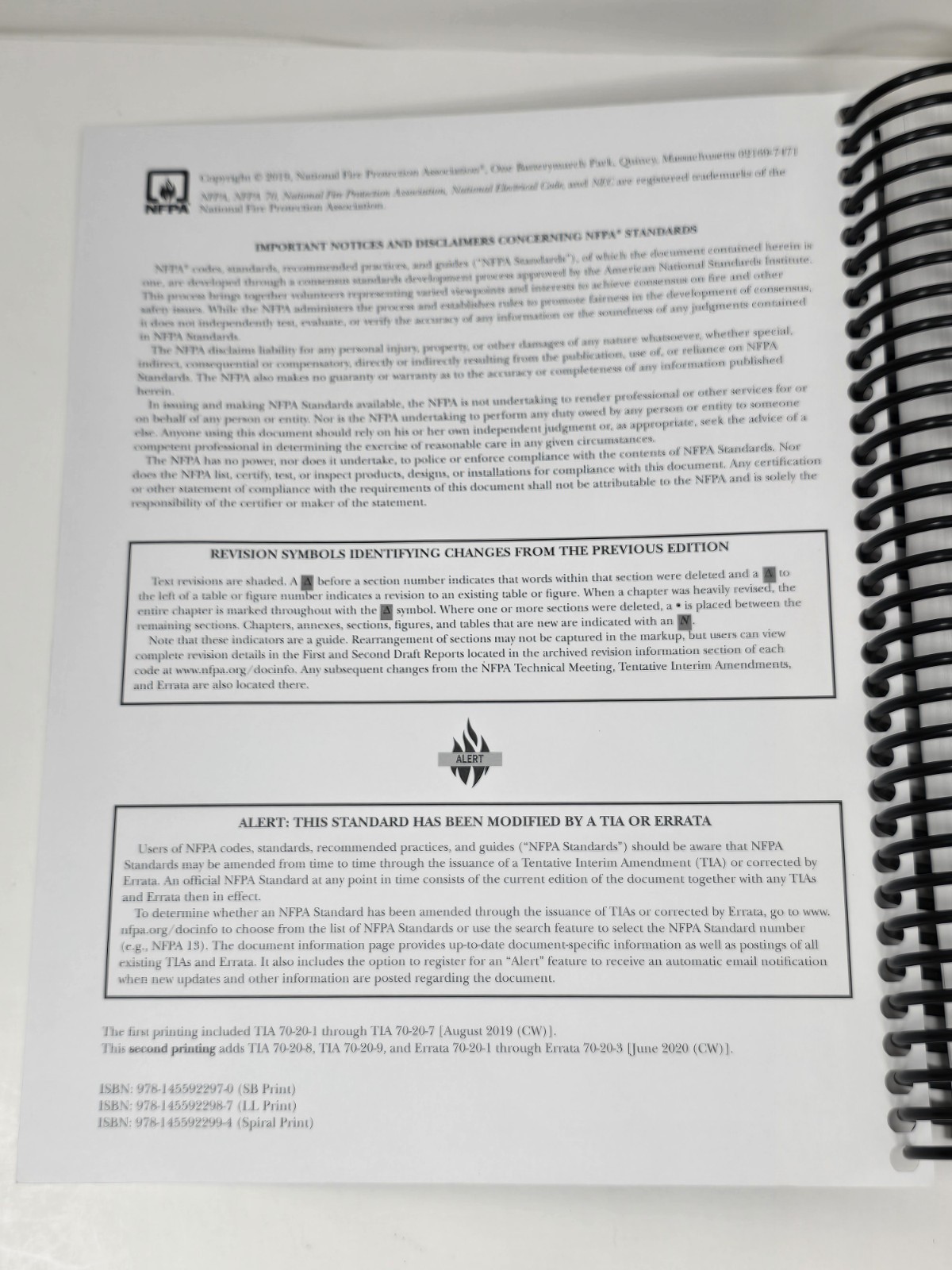 NFPA 70 National Electrical Code 2020, 2nd Printing, Spiral Bound