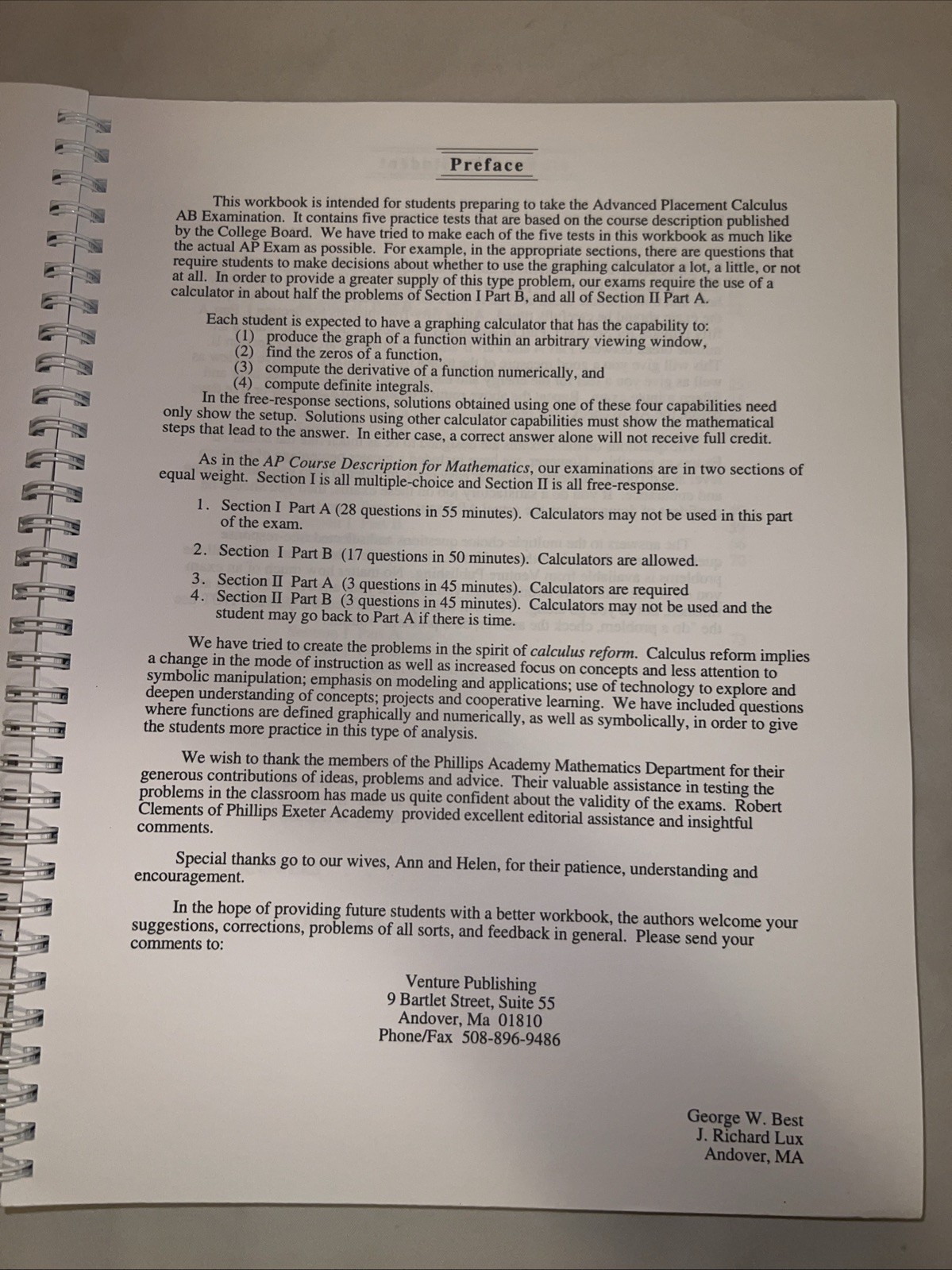Y2K Preparing For The AP Calculus (AB) Examination Textbook – Vintage – LIKE NEW