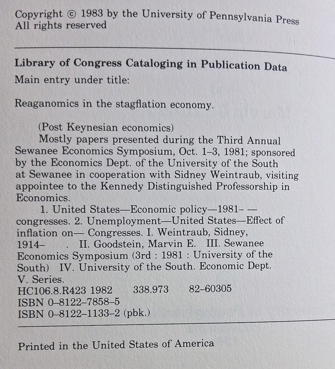 Reaganomics in the Stagflation Economy Sidney Weintraub & M. Goodstein PB 1983
