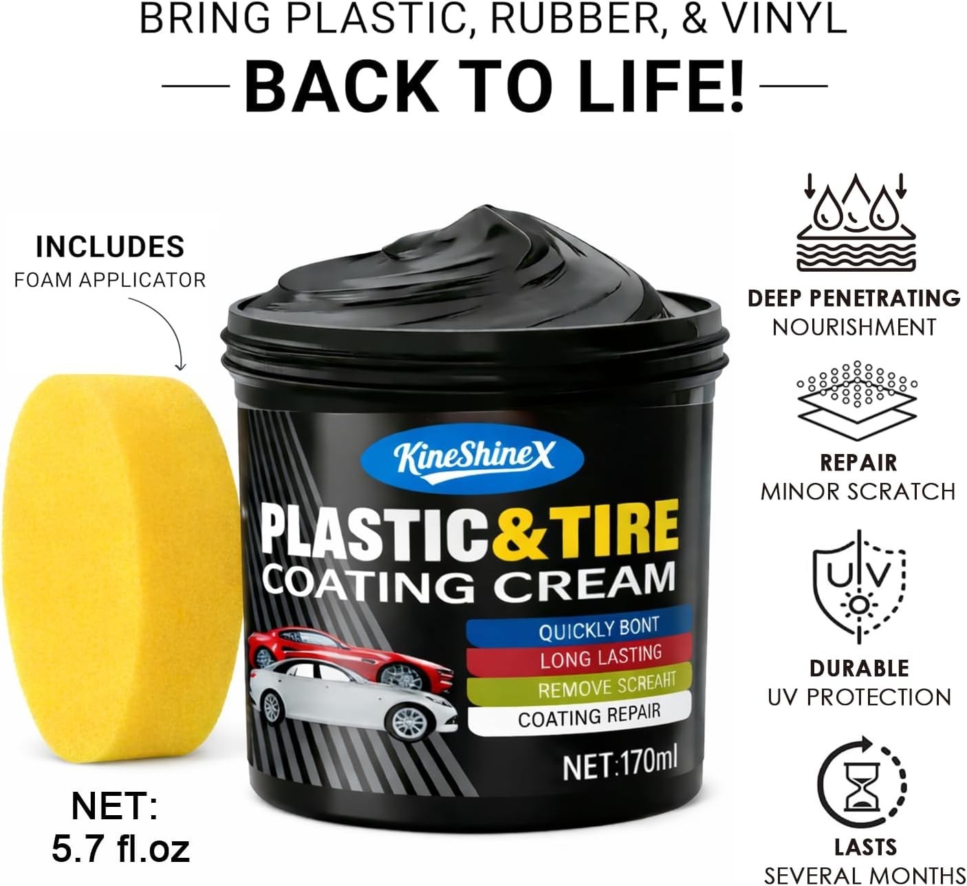 Black Trim Restorer, Plastic Restorer for Cars – Restore Faded Bumpers, Plastic,