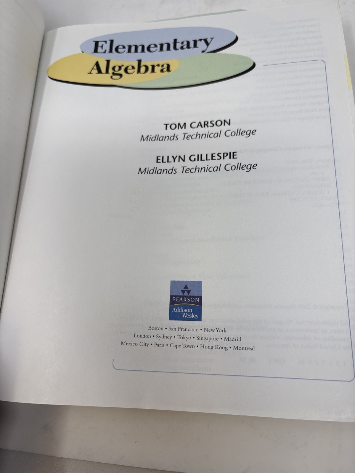 Elementary Algebra Tom Carson Ellyn Gillespie Pearson Hardcover 2003