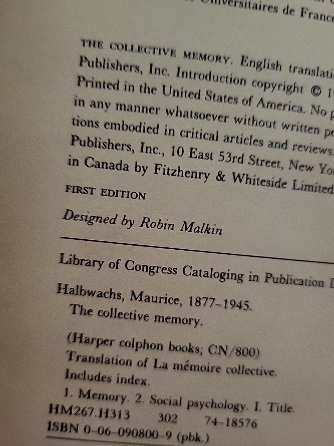 1st Edition (RARE) The Collective Memory by Halbwachs, Intro by Mary Douglas