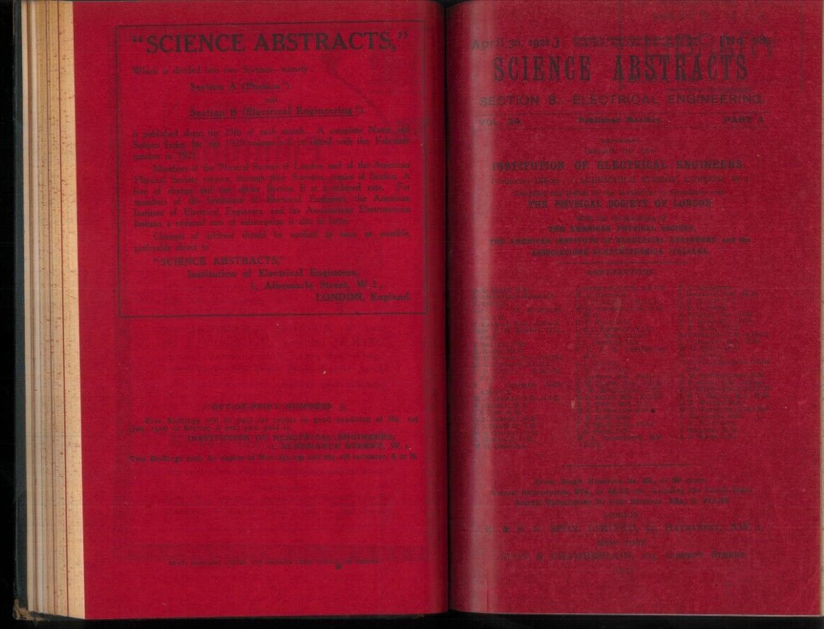 VINTAGE 1921 SCIENCE ABSTRACTS 1921 B ELECTRICAL ENGINEERING 654 PAGES