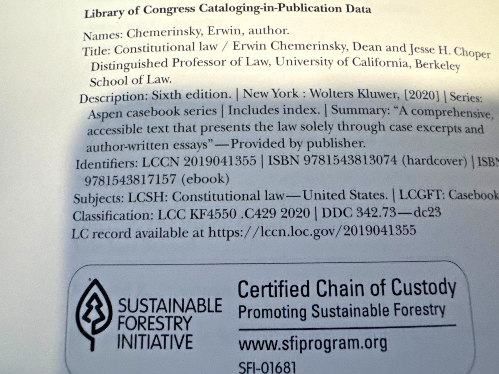 Constitutional Law Erwin Chemerinsky Wolsters Kluwer 6th edition Aspen Casebook