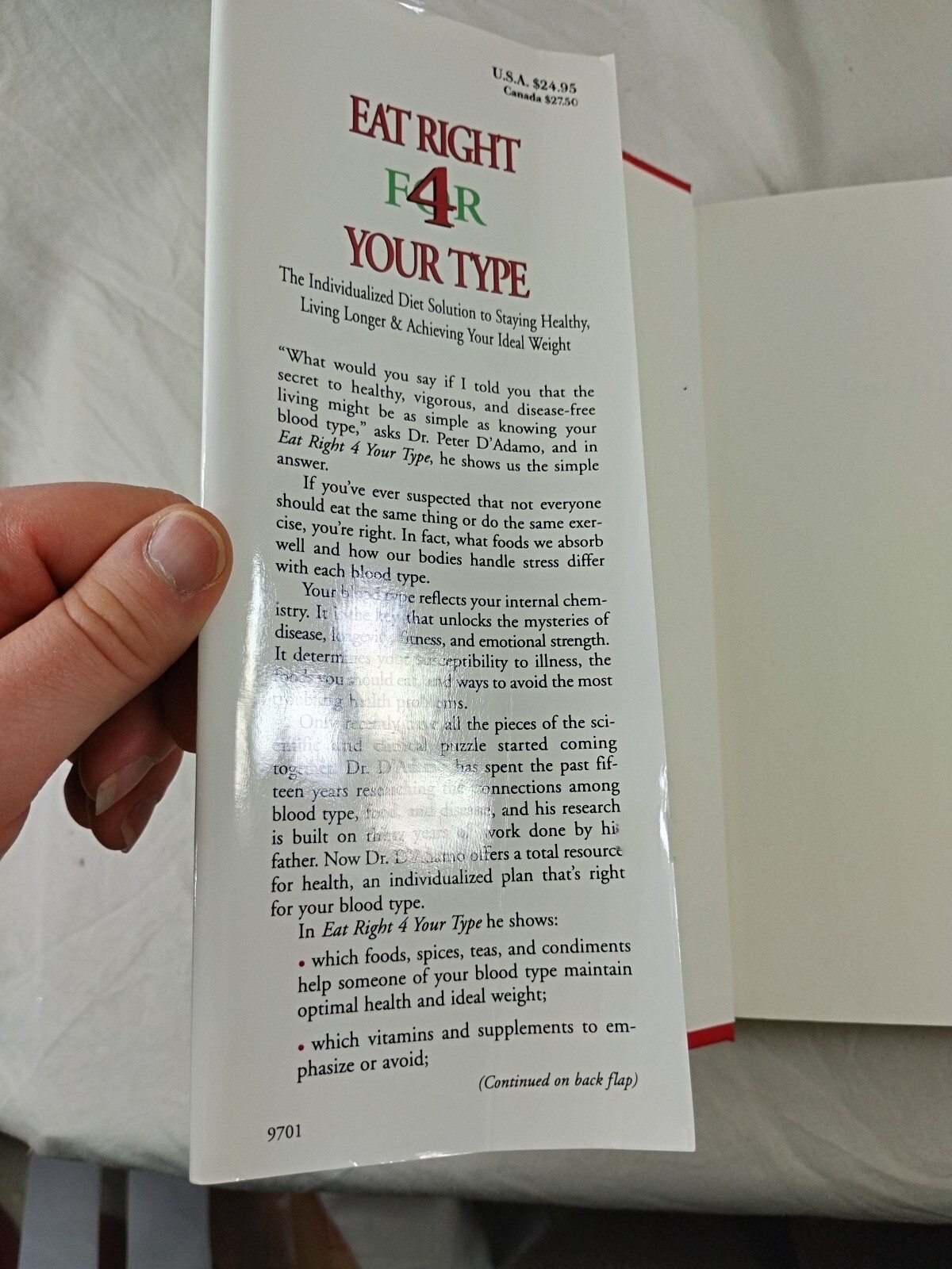 Eat Right for Your Type Dr Peter D’Adamo & Catherine Whitney Pub 1996 Hb DJ