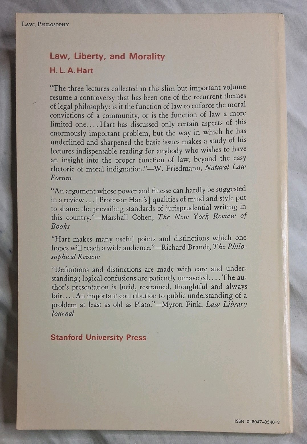 Law, Liberty and Morality Paperback H. L. A. Hart Stanford University Press 1973