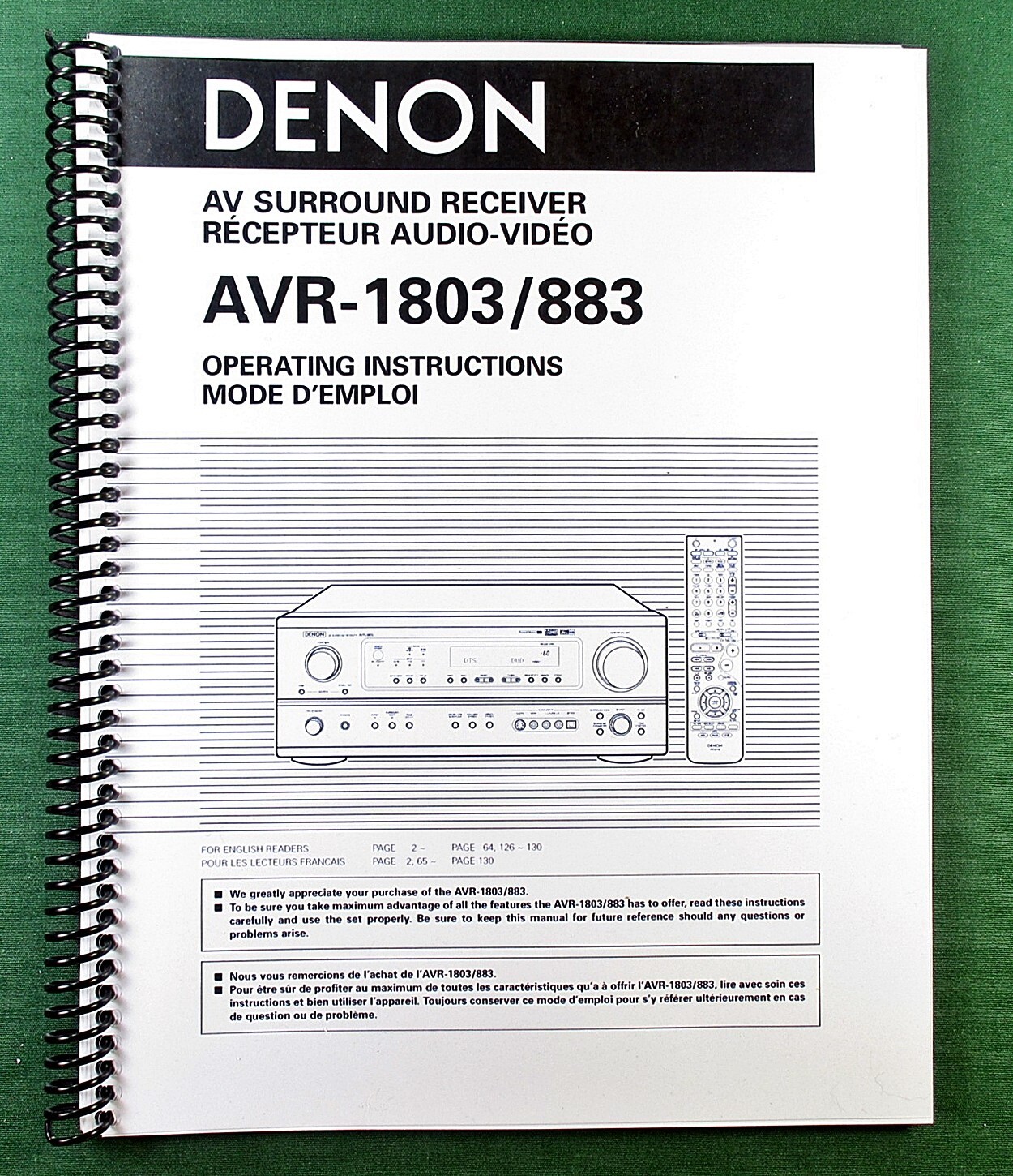 Denon AVR-1803 Instruction Manual: 64 Pages & Protective Covers!