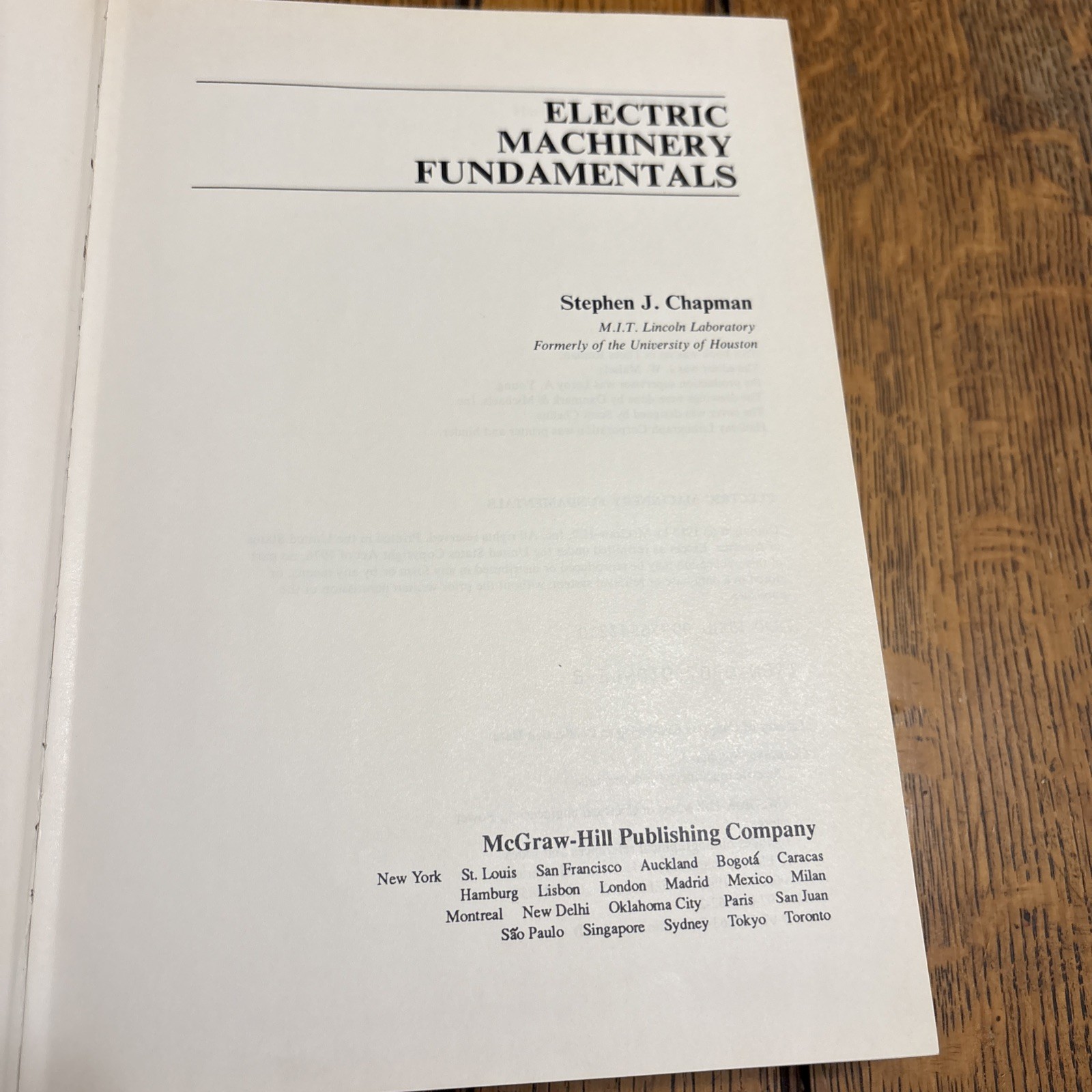VTG Electric Machinery Fundamentals Hardcover Stephen J. Chapman 1985