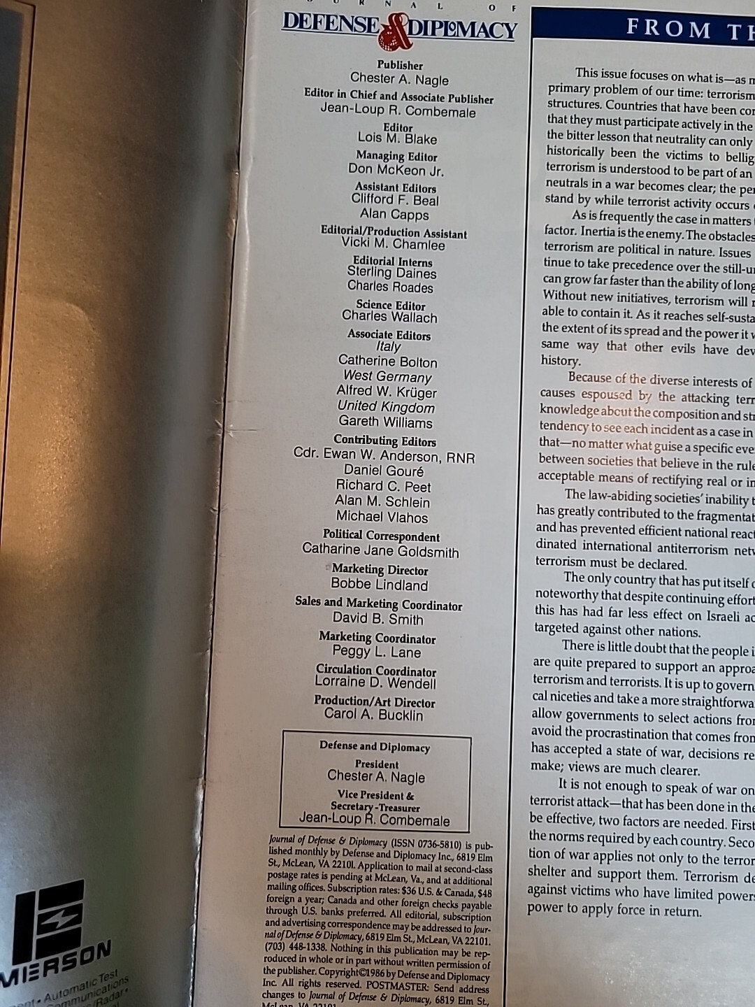 Journal Of Defense & Diplomacy, 1986. Terrorism, SDI, 64 Pages