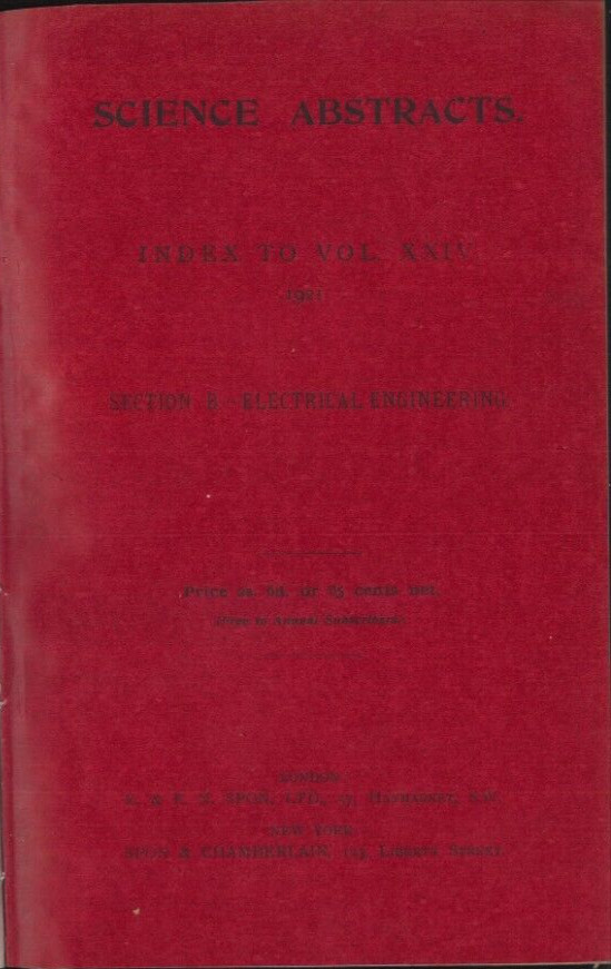 VINTAGE 1921 SCIENCE ABSTRACTS 1921 B ELECTRICAL ENGINEERING 654 PAGES